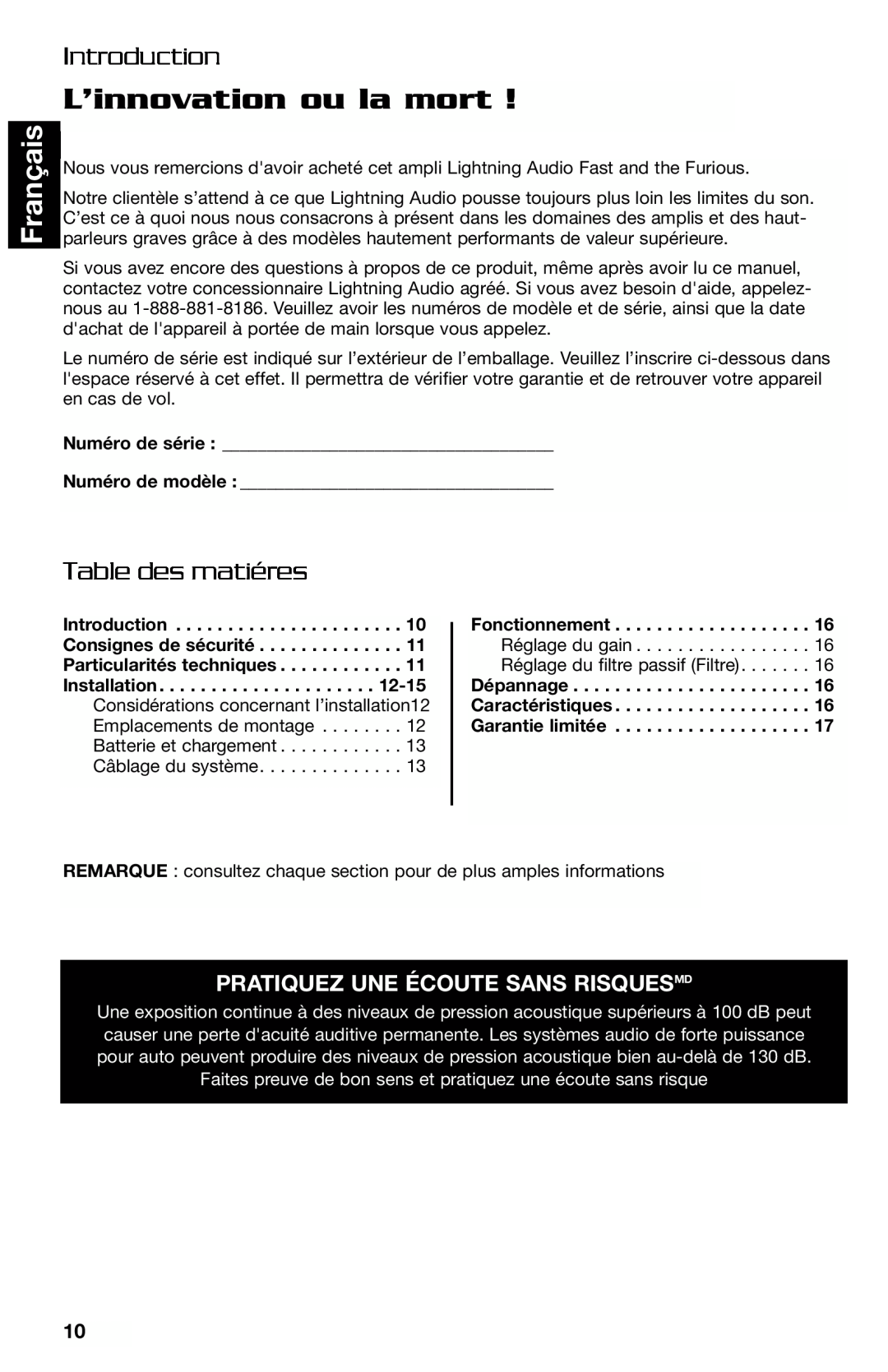 Lightning Audio FF250.1, FF150.2 manual L’innovation ou la mort, Français, Table des matiéres, Introduction 