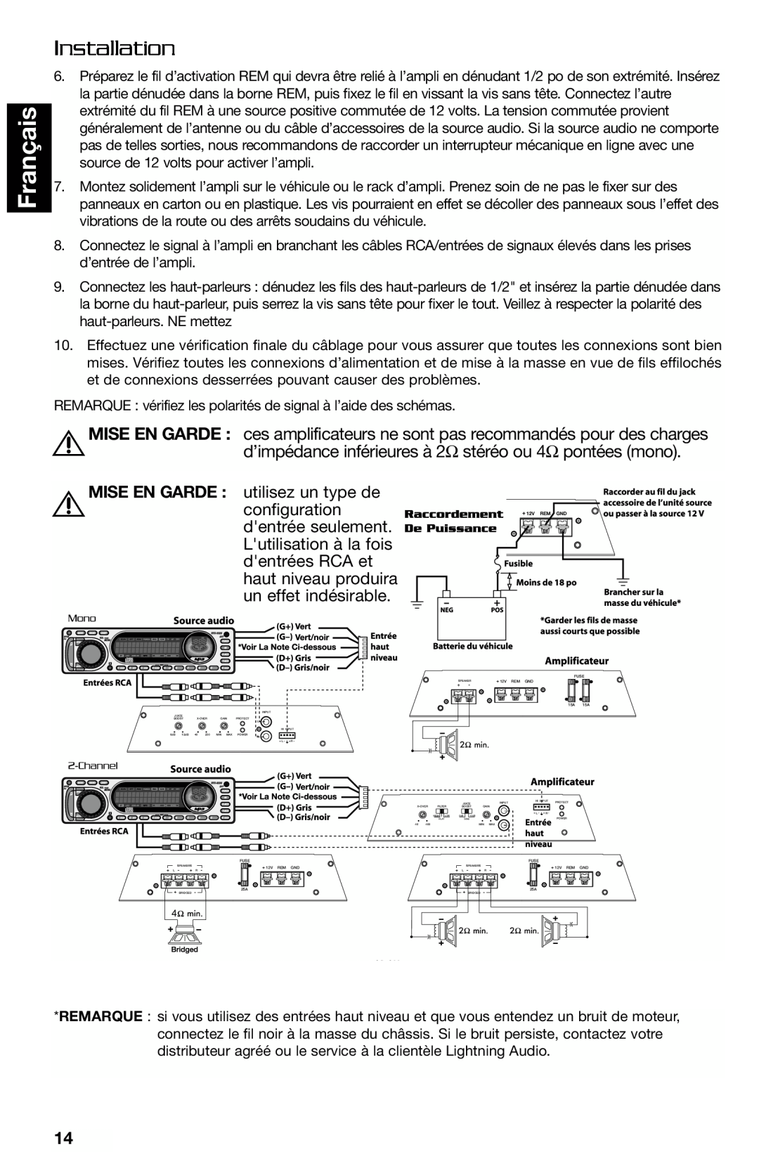 Lightning Audio FF250.1 manual Français, Installation, Mise En Garde, utilisez un type de, configuration, dentrée seulement 