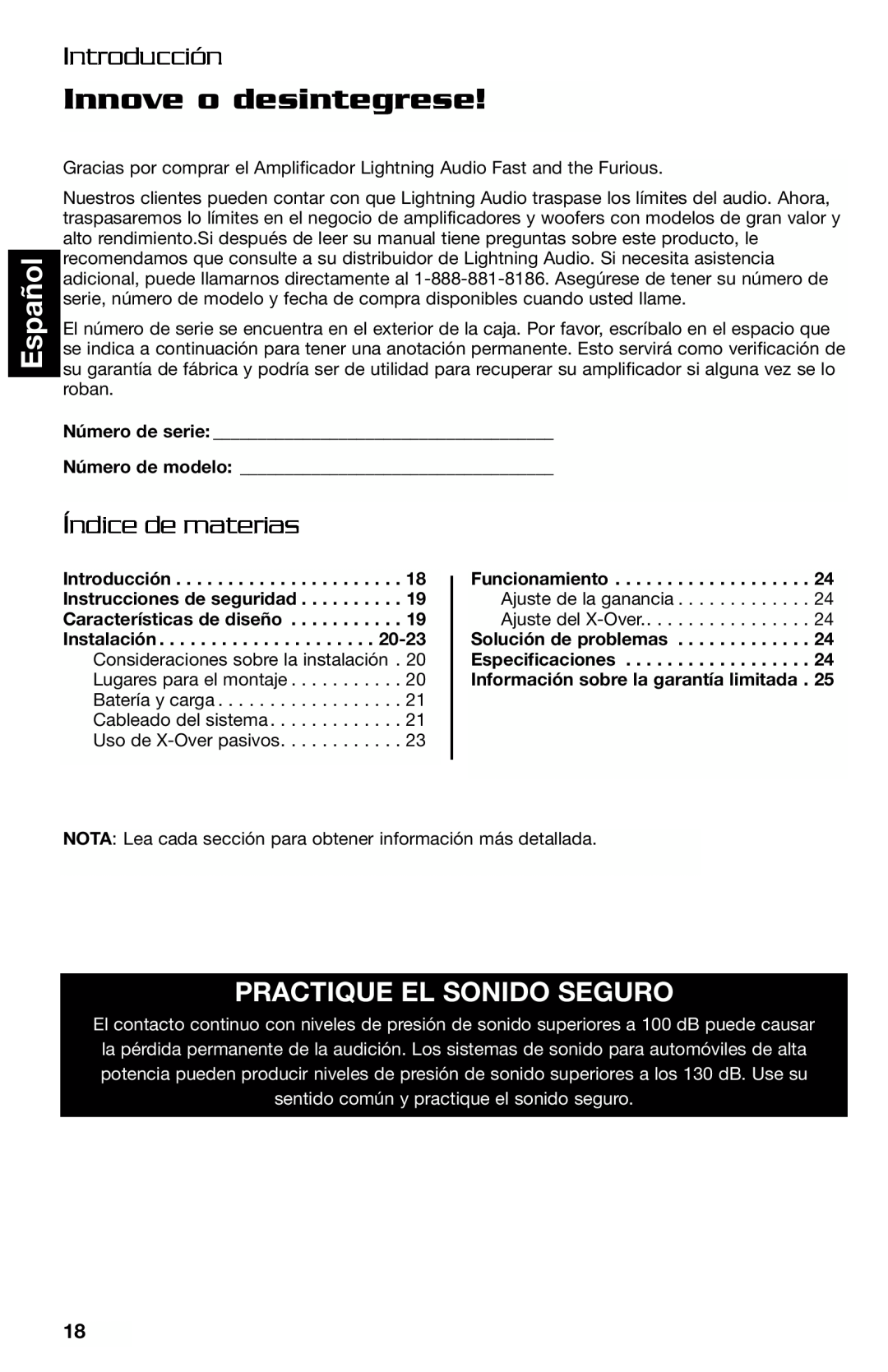 Lightning Audio FF250.1 manual Innove o desintegrese, Español, Introducción, Índice de materias, Practique El Sonido Seguro 