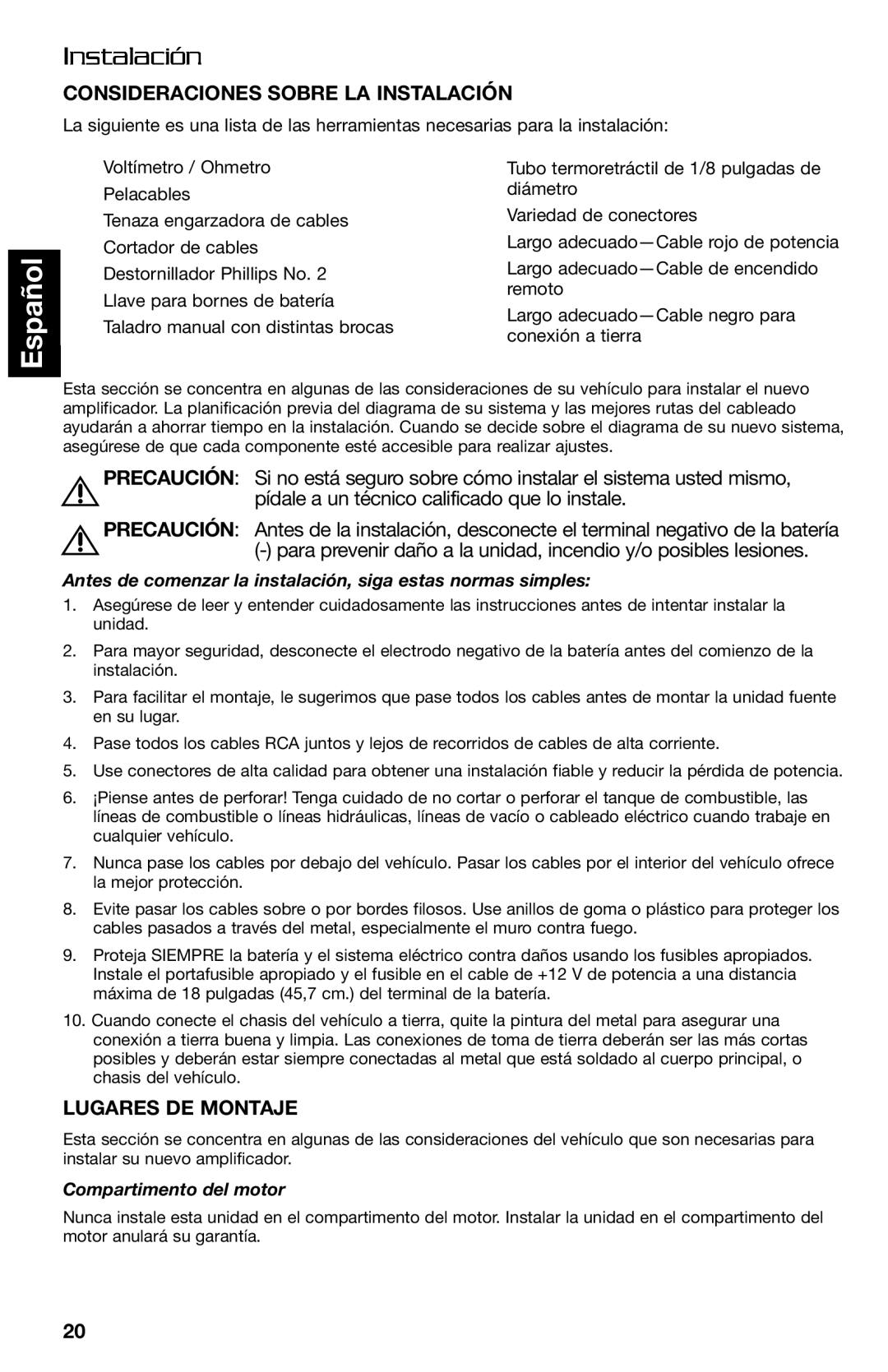 Lightning Audio FF250.1, FF150.2 manual Español, Consideraciones Sobre La Instalación, Precaución, Lugares De Montaje 