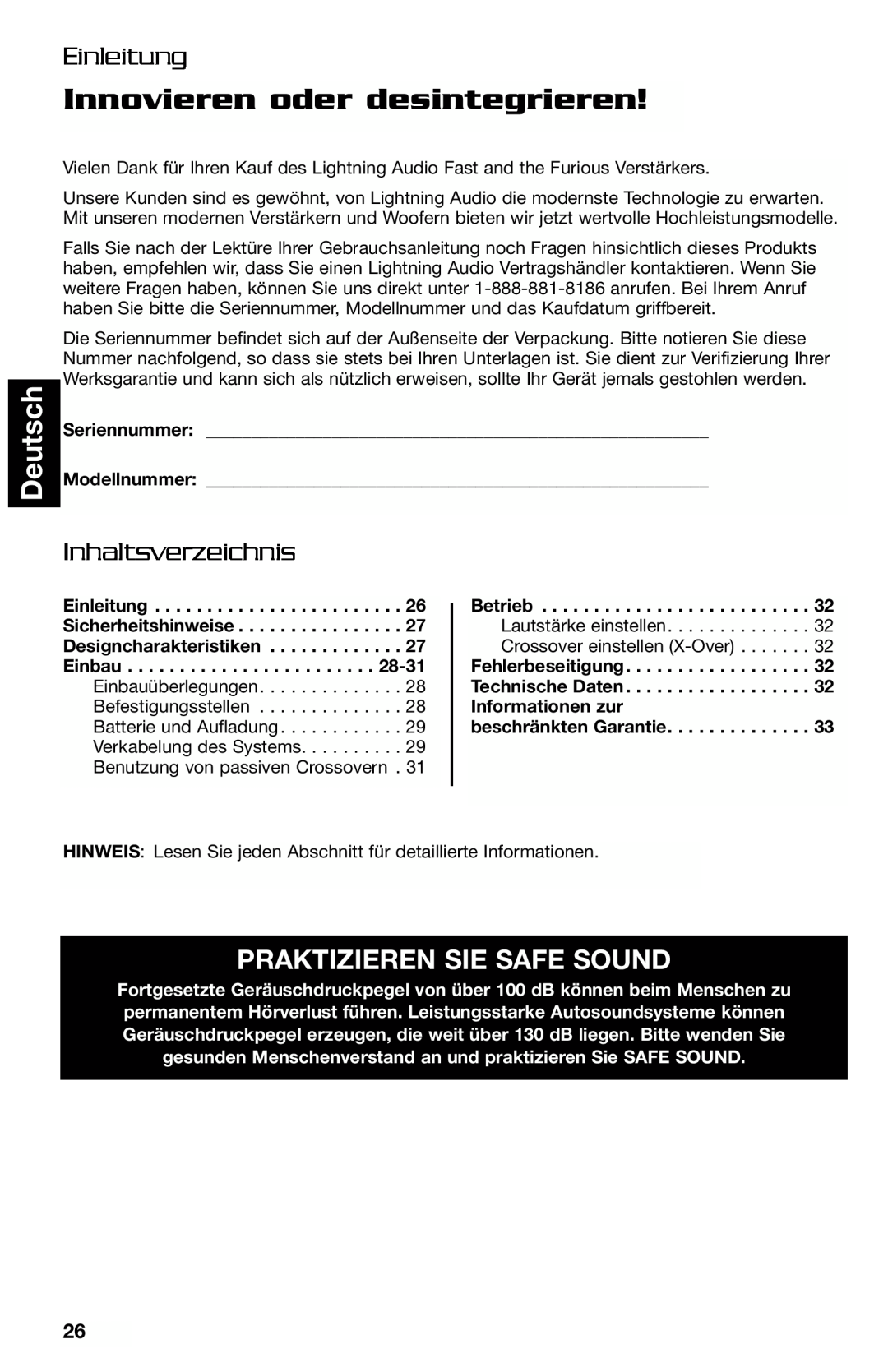 Lightning Audio FF250.1, FF150.2 manual Innovieren oder desintegrieren, Deutsch, Einleitung, Inhaltsverzeichnis 