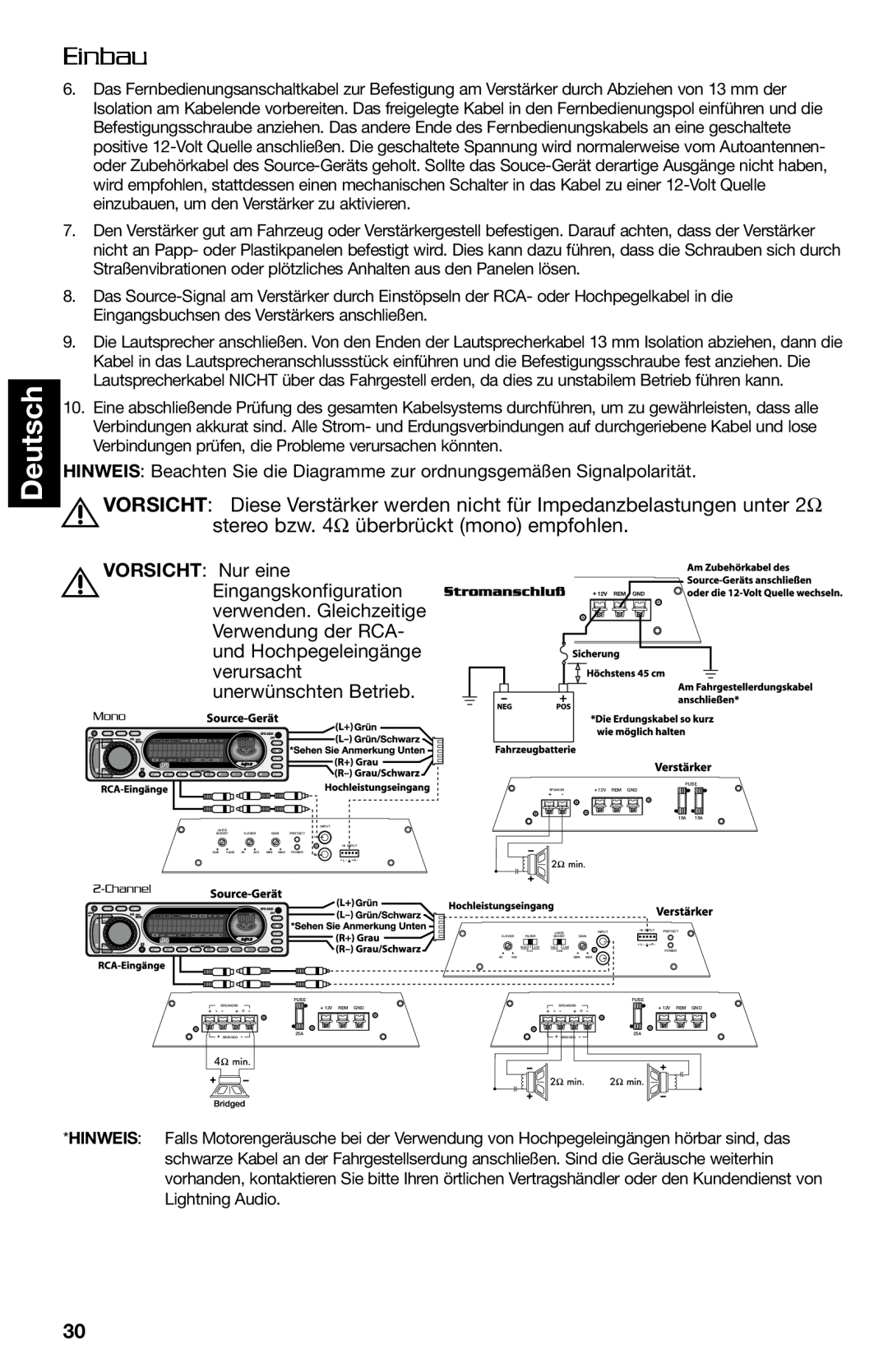 Lightning Audio FF250.1, FF150.2 manual Deutsch, Einbau, VORSICHT Nur eine 