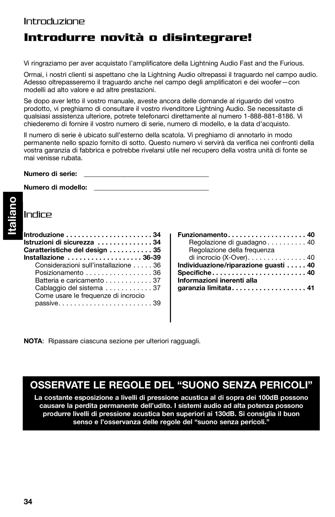 Lightning Audio FF250.1, FF150.2 manual Introdurre novità o disintegrare, Italiano, Introduzione, Indice 