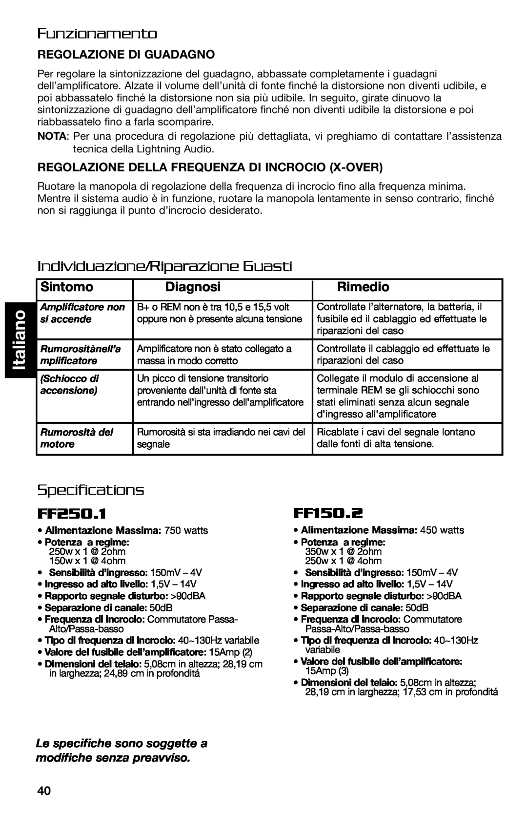 Lightning Audio FF250.1 manual Funzionamento, Individuazione/Riparazione Guasti, Sintomo, Diagnosi, Rimedio, Specifications 