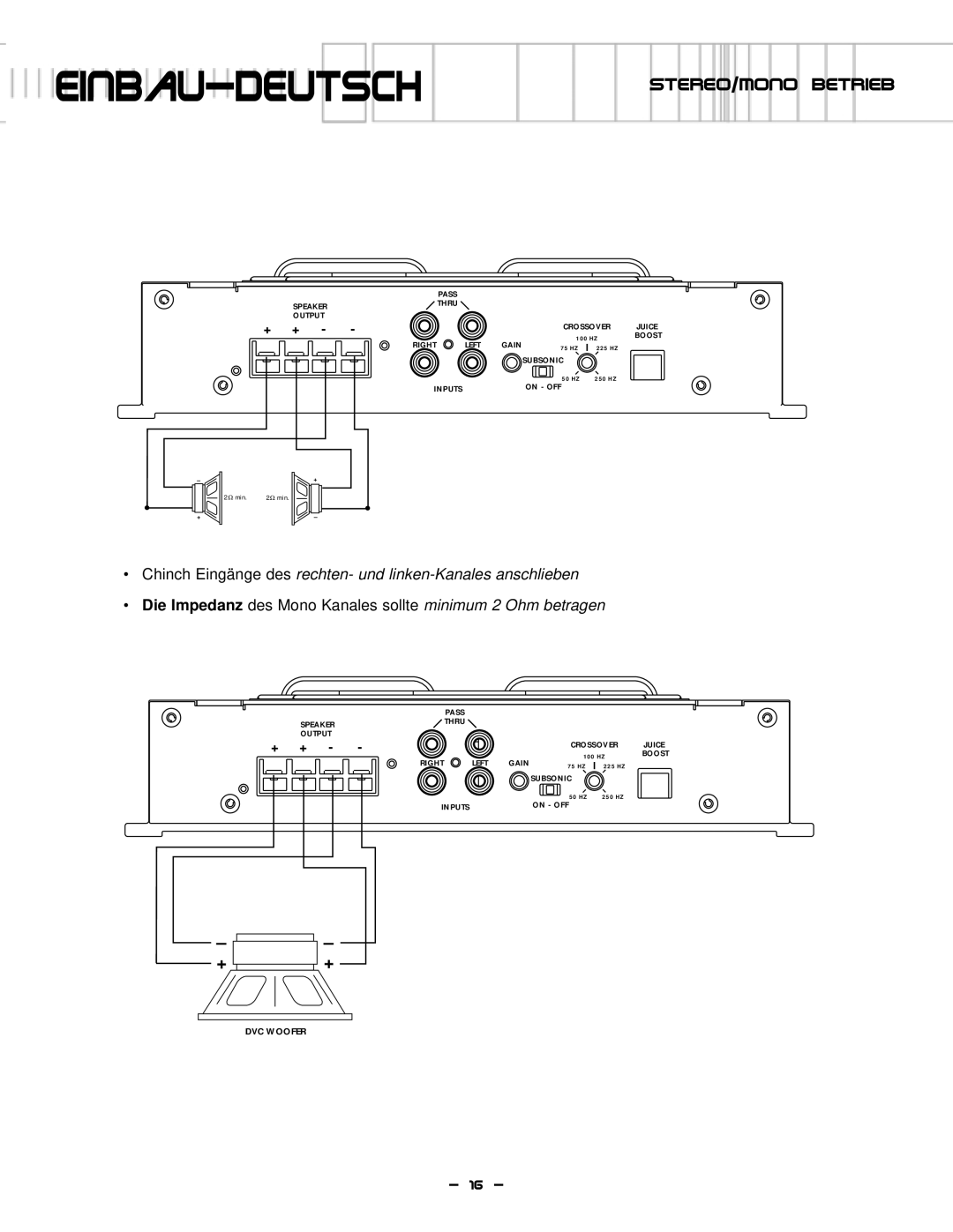 Lightning Audio S1.600D, S1.1000D manual Einbau-deutsch, Stereo/Mono Betrieb 