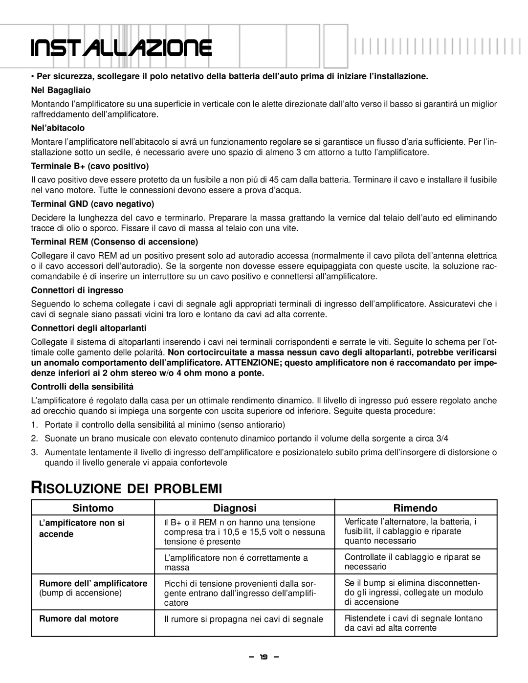 Lightning Audio S1.1000D, S1.600D manual Installazione, Risoluzione DEI Problemi, Sintomo Diagnosi Rimendo 