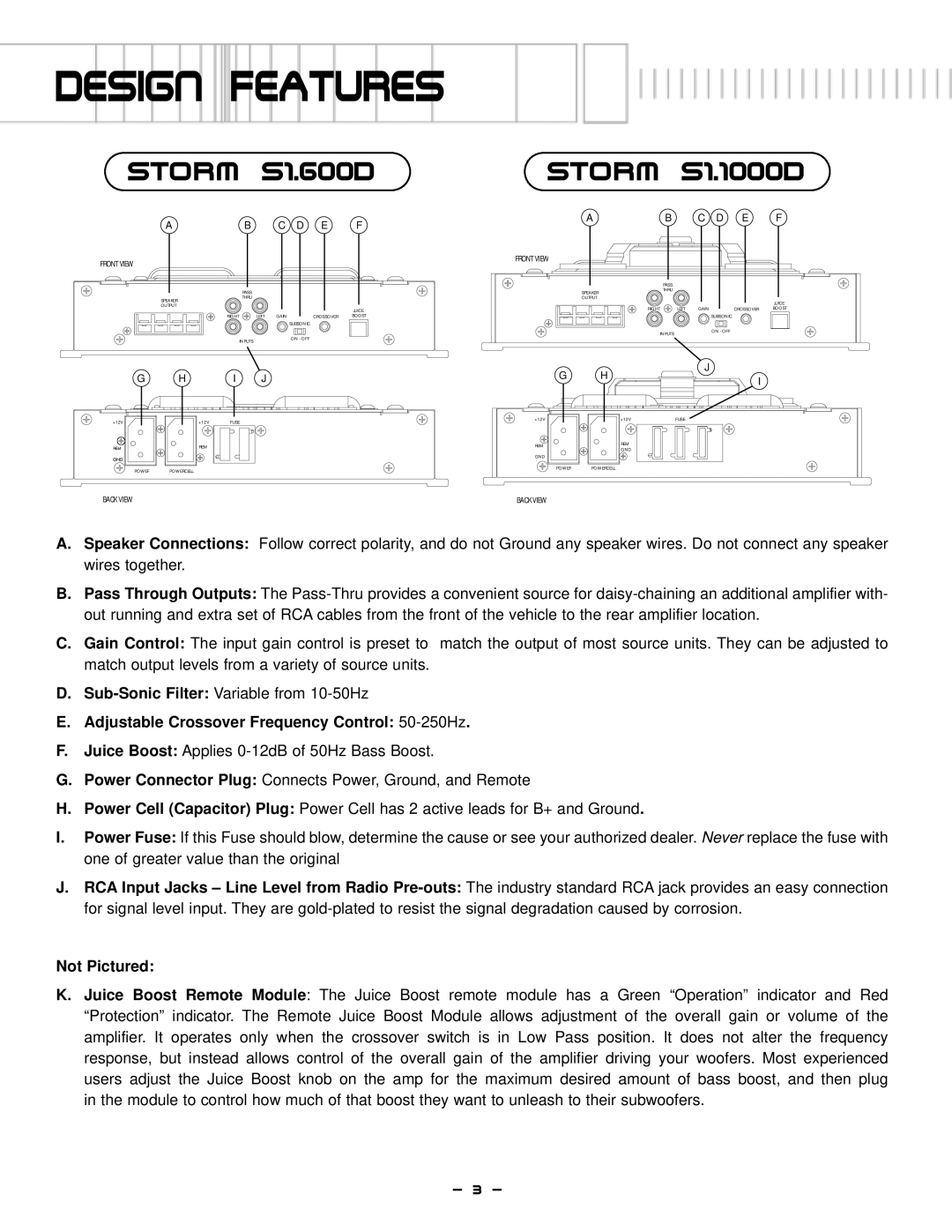 Lightning Audio S1.1000D, S1.600D manual Design FeAtures, Adjustable Crossover Frequency Control 50-250Hz, Not Pictured 