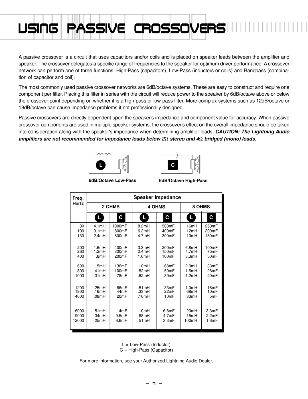 Lightning Audio S1.1000D, S1.600D manual Using PAssiVe CrossoVers, Ohms 
