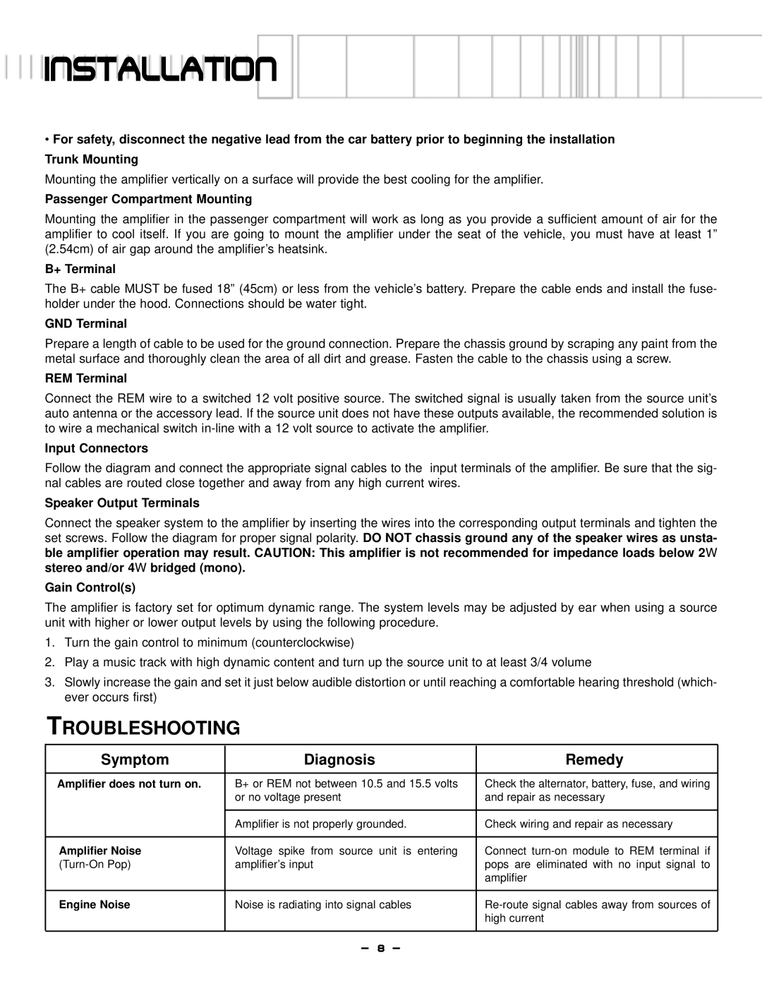 Lightning Audio S1.600D, S1.1000D manual InstAllAtion, Troubleshooting, Symptom Diagnosis Remedy 