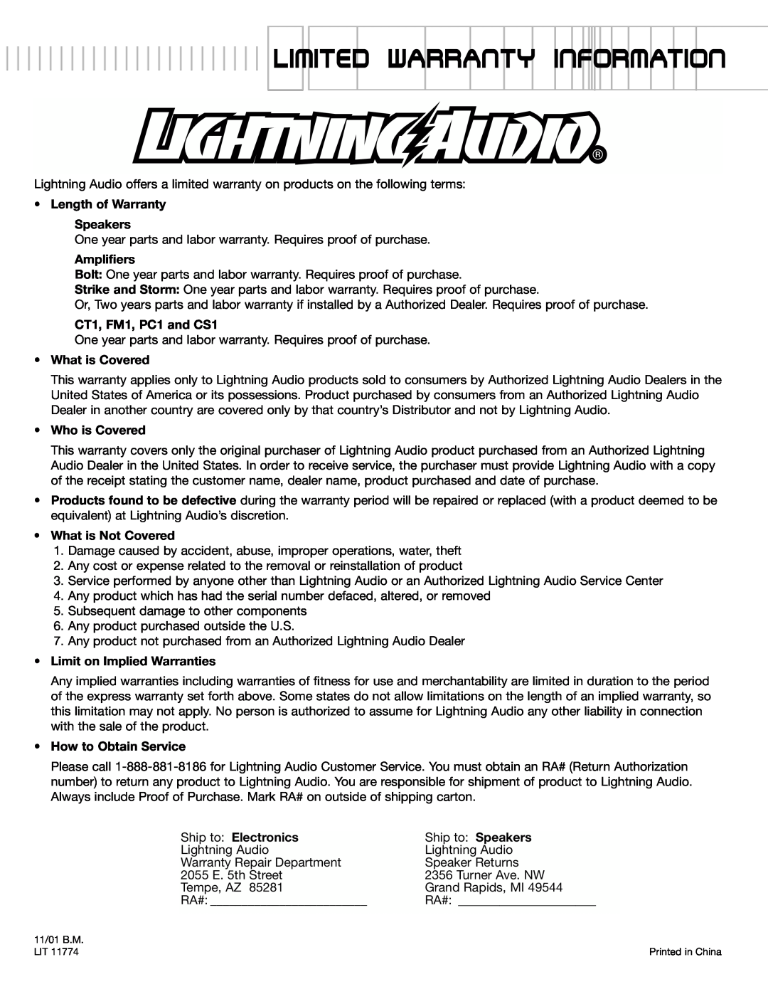 Lightning Audio S3.12.4 manual Limited WArrAnty InformAtion, Length of Warranty Speakers, Amplifiers, CT1, FM1, PC1 and CS1 