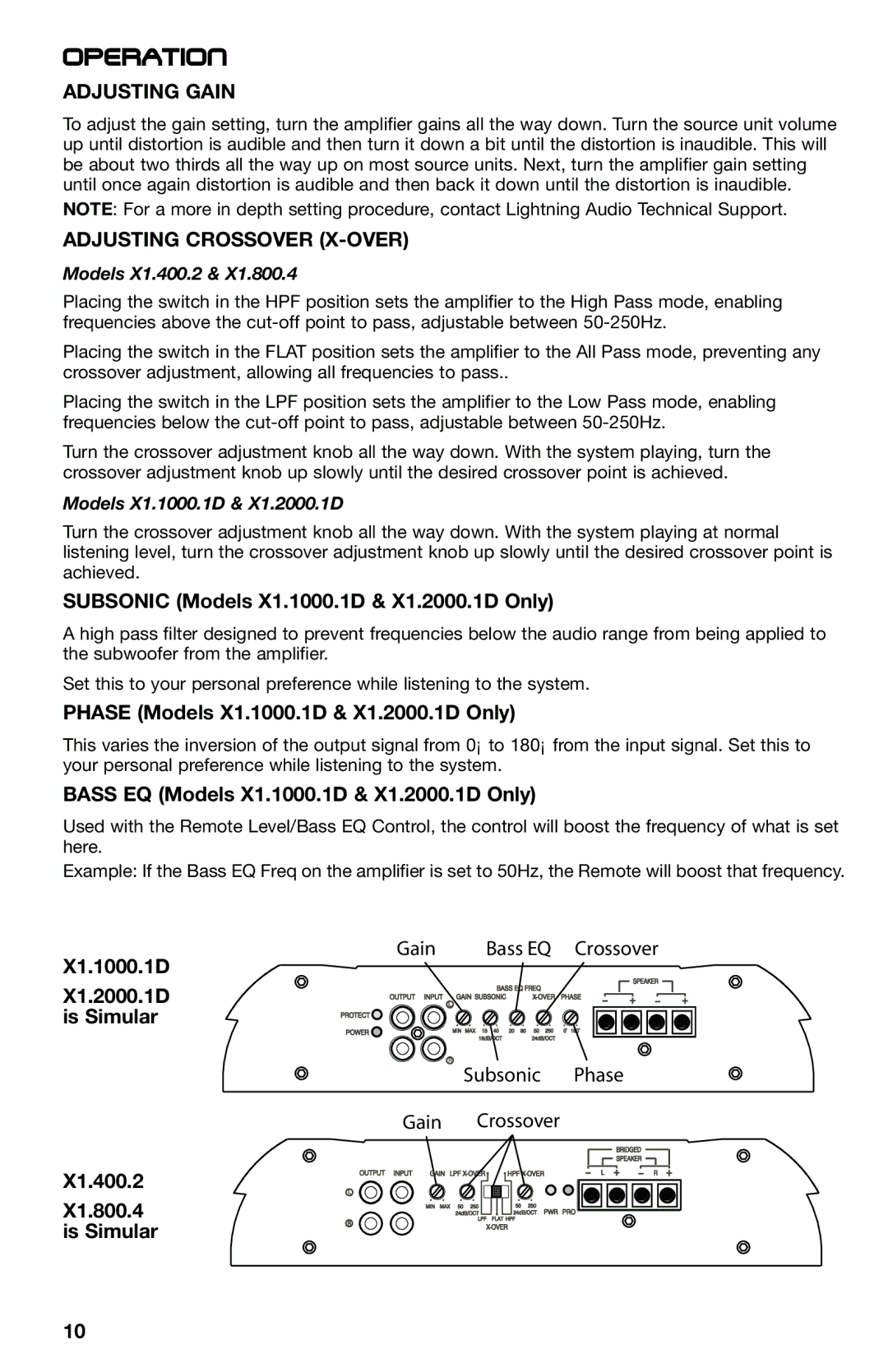 Lightning Audio X1.2000.1D, X1.800.4, X1.400.2, X1.1000.1D manual Operation, Adjusting Gain, Adjusting Crossover X-OVER 