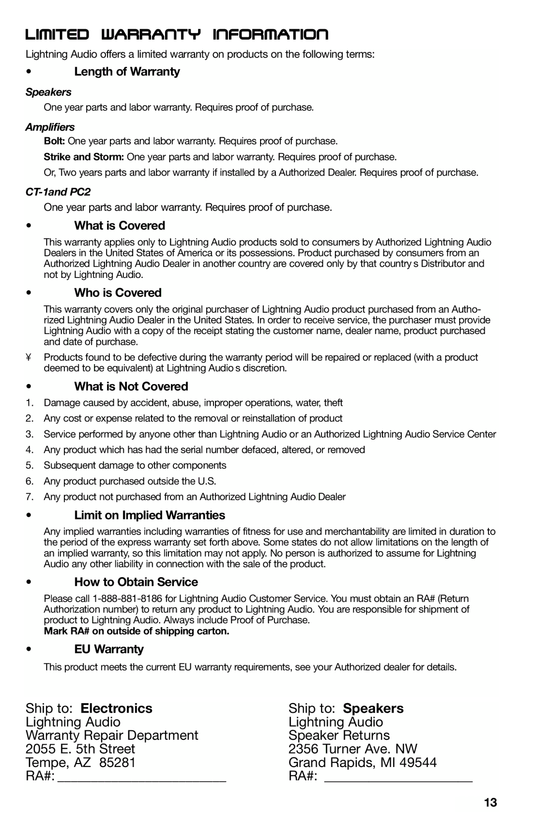Lightning Audio X1.400.2, X1.800.4, X1.2000.1D, X1.1000.1D manual Limited Warranty Information, Ship to Electronics 