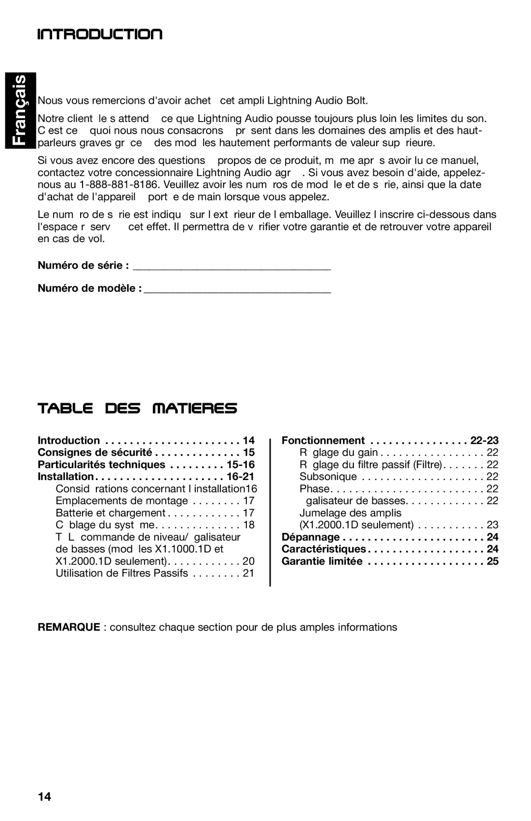 Lightning Audio X1.2000.1D, X1.800.4, X1.400.2, X1.1000.1D manual ’innovation ou la mort, Table des matieres´ 