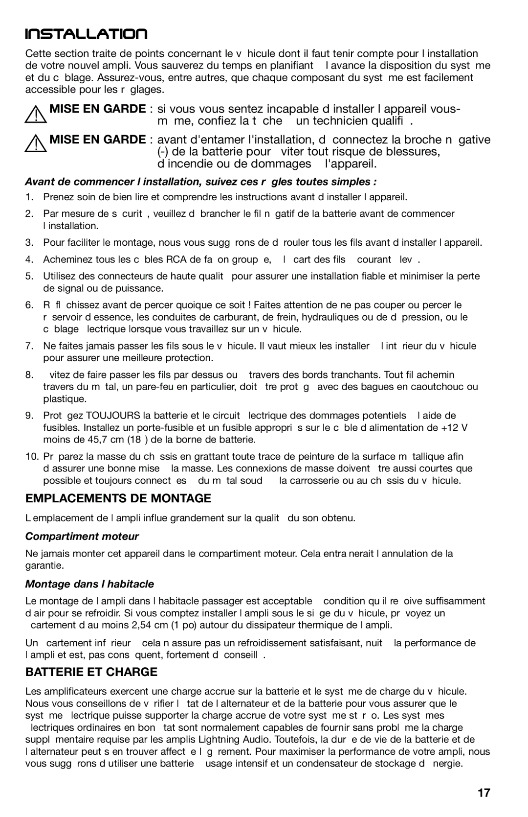 Lightning Audio X1.400.2 manual Emplacements DE Montage, Batterie ET Charge, Compartiment moteur, Montage dans l’habitacle 