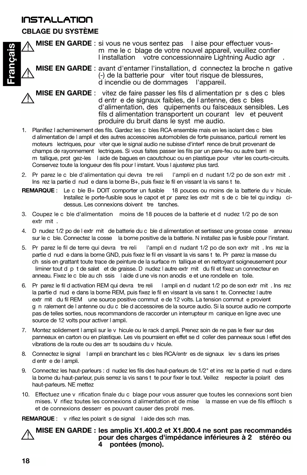 Lightning Audio X1.2000.1D, X1.800.4, X1.400.2, X1.1000.1D manual Cblage DU Système 