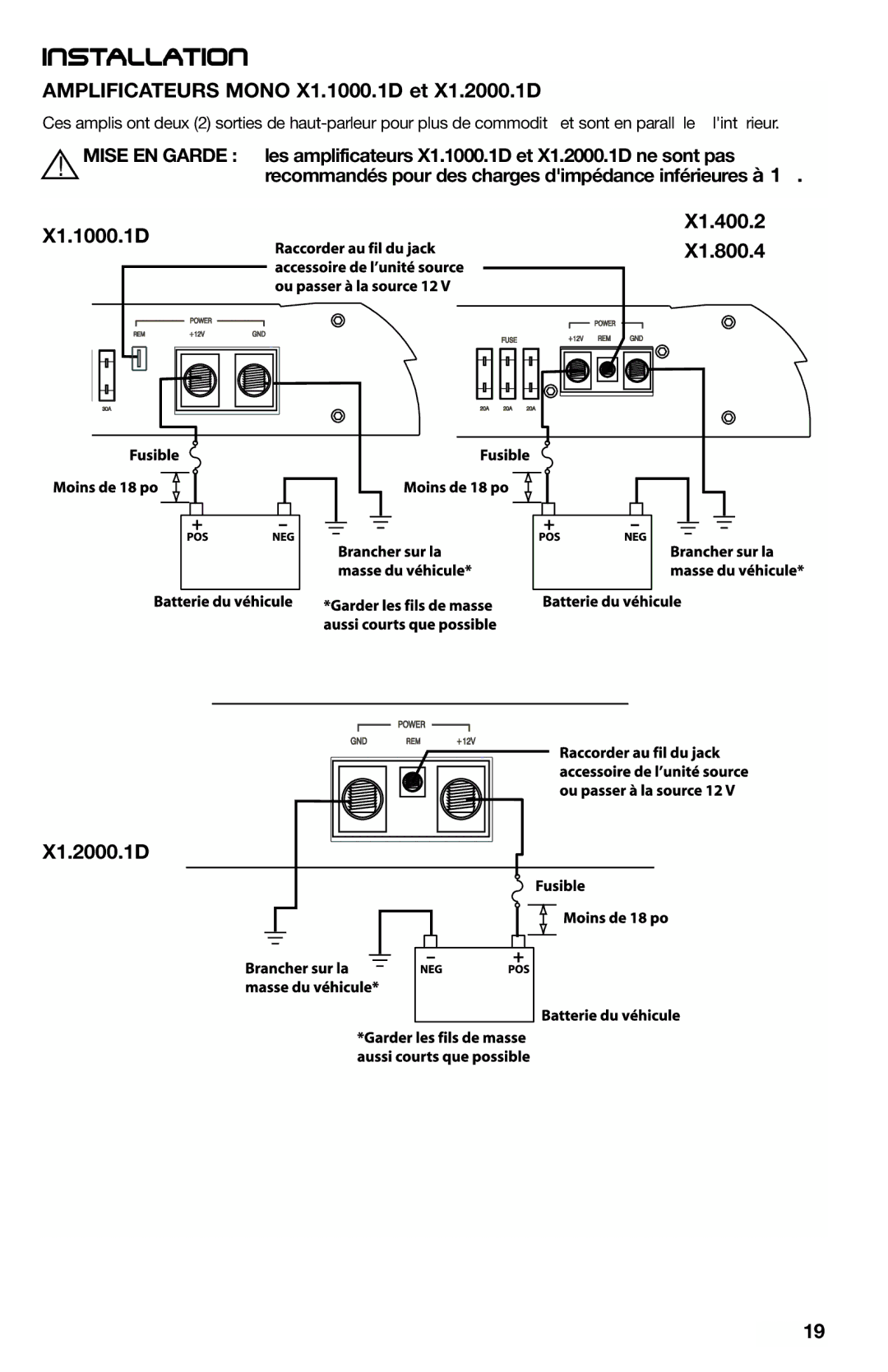 Lightning Audio manual Amplificateurs Mono X1.1000.1D et X1.2000.1D, X1.400.2 X1.1000.1D X1.800.4 X1.2000.1D 