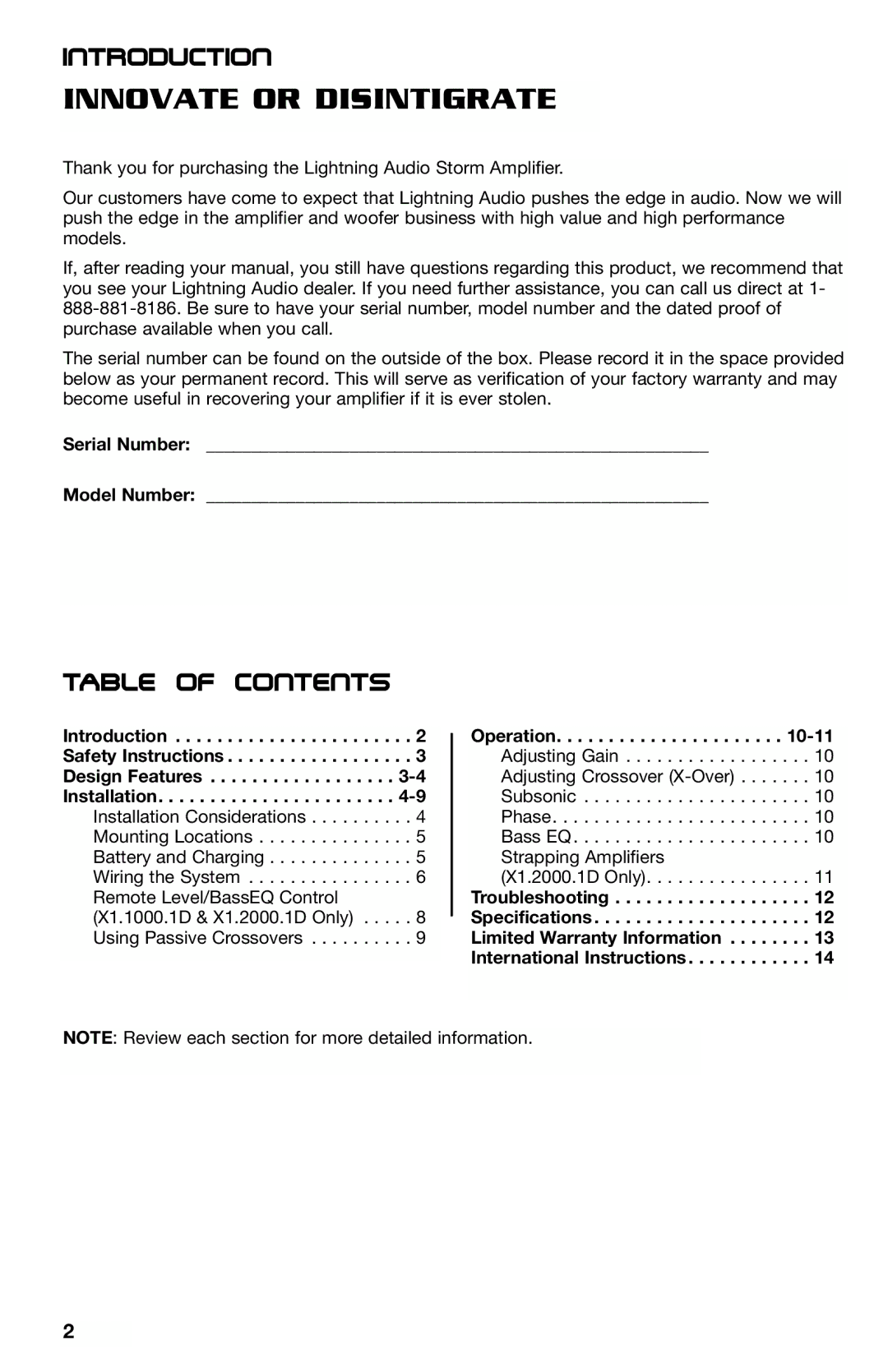 Lightning Audio X1.2000.1D, X1.800.4, X1.400.2, X1.1000.1D manual Introduction, Table of Contents 