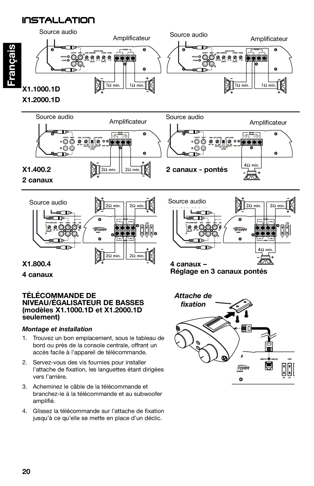 Lightning Audio X1.2000.1D X1.400.2 Canaux Canaux pontés, X1.800.4 Canaux Réglage en 3 canaux pontés, Télécommande DE 