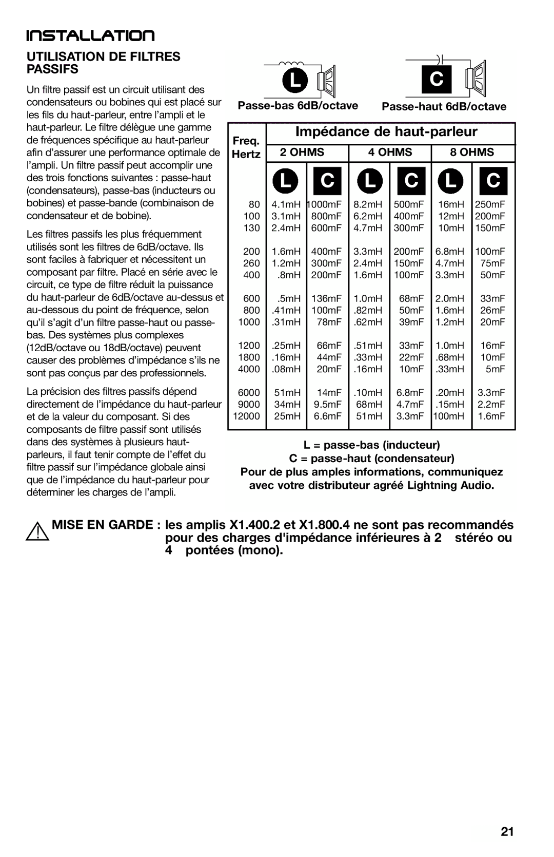 Lightning Audio X1.400.2, X1.800.4, X1.2000.1D, X1.1000.1D manual Impédance de haut-parleur, Utilisation DE Filtres Passifs 