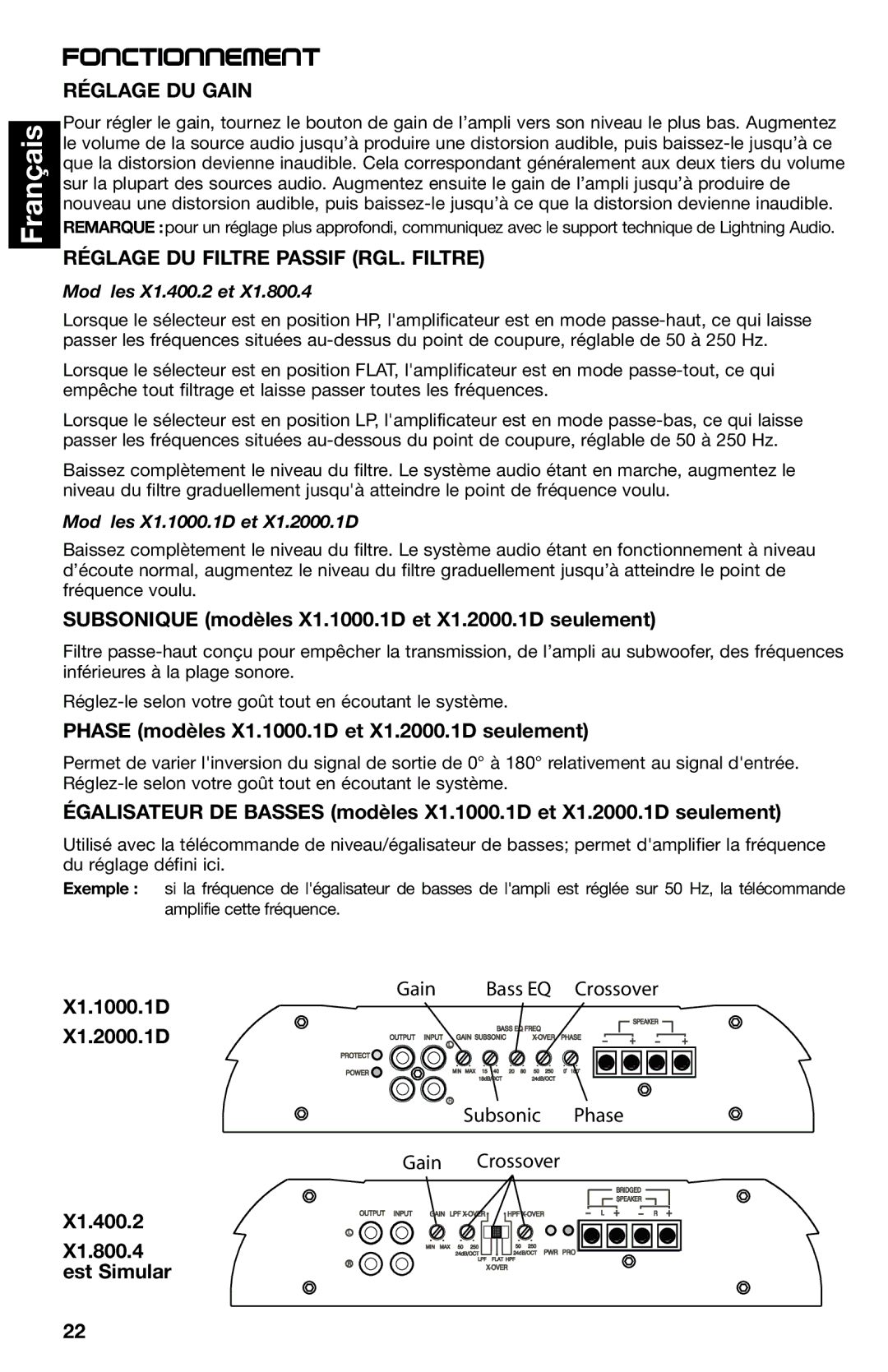 Lightning Audio X1.2000.1D, X1.800.4, X1.400.2 manual Fonctionnement, Réglage DU Gain, Réglage DU Filtre Passif RGL. Filtre 