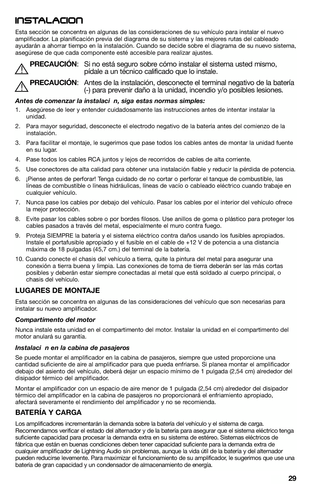 Lightning Audio X1.400.2, X1.800.4, X1.2000.1D, X1.1000.1D manual Precaución, Lugares DE Montaje, Batería Y Carga 