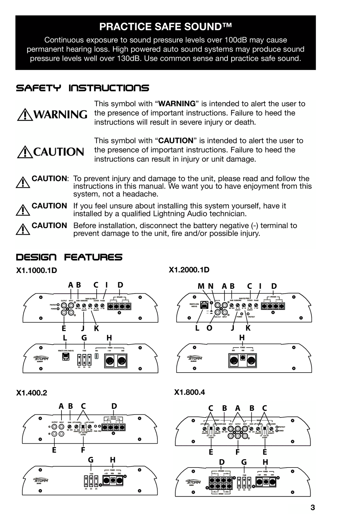 Lightning Audio manual Safety Instructions, Design Features, X1.1000.1D X1.2000.1D, X1.400.2 X1.800.4 