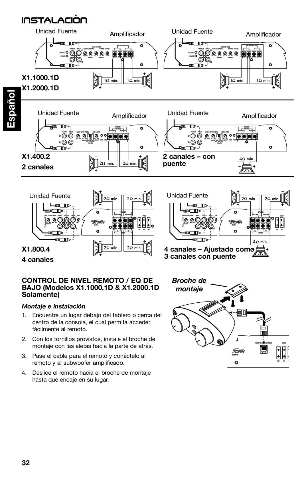 Lightning Audio X1.2000.1D manual X1.400.2 Canales Canales con Puente, X1.800.4 Canales, Control DE Nivel Remoto / EQ DE 