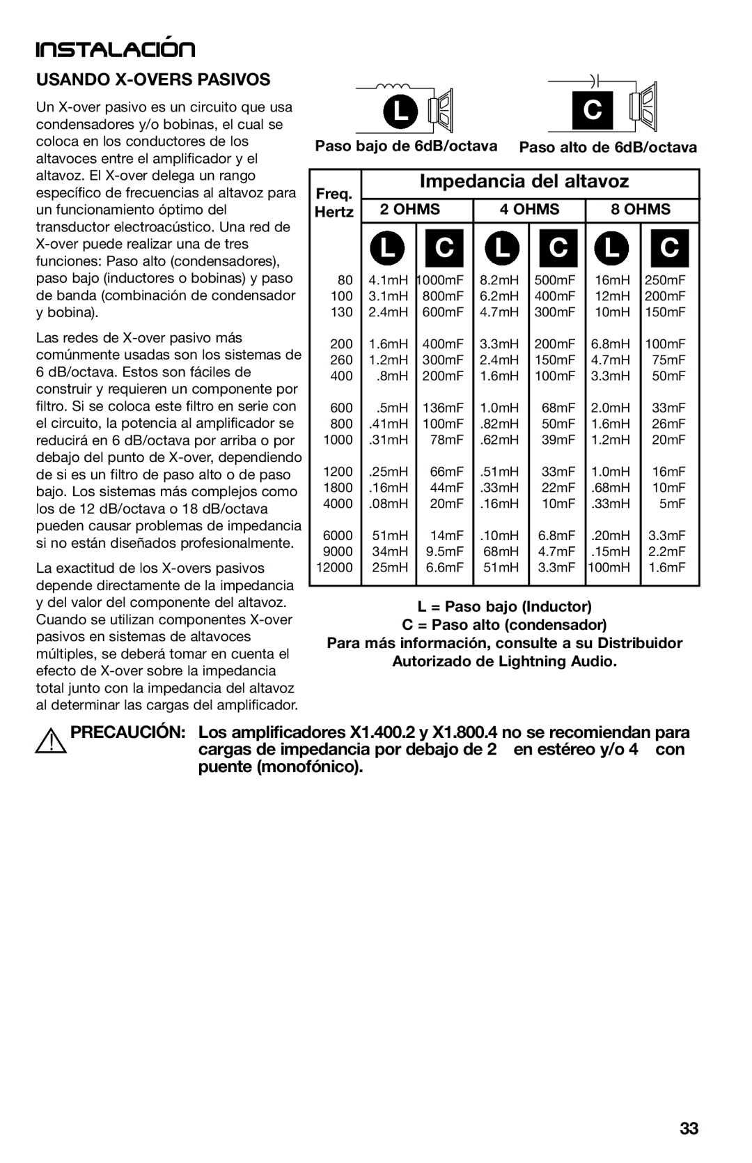 Lightning Audio X1.400.2, X1.800.4, X1.2000.1D, X1.1000.1D manual Impedancia del altavoz, Usando X-OVERS Pasivos 