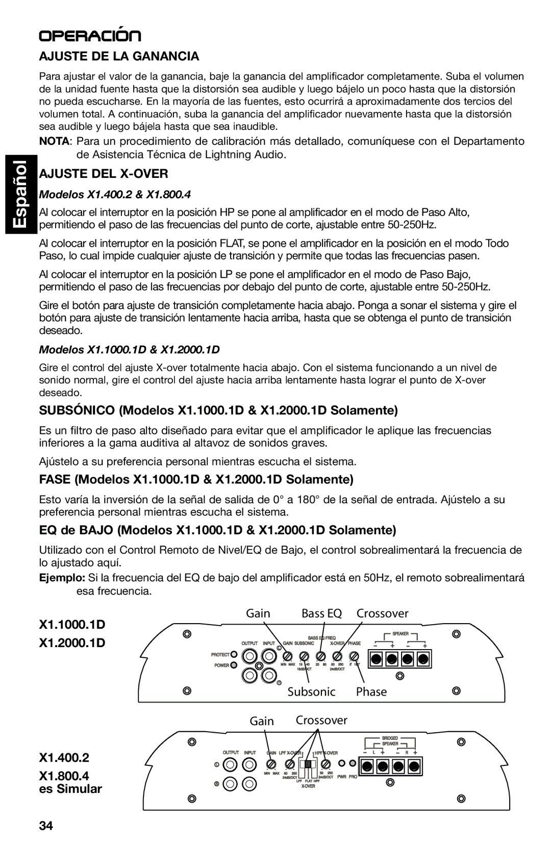 Lightning Audio X1.2000.1D, X1.800.4, X1.400.2, X1.1000.1D manual Operacion´, Ajuste DE LA Ganancia, Ajuste DEL X-OVER 