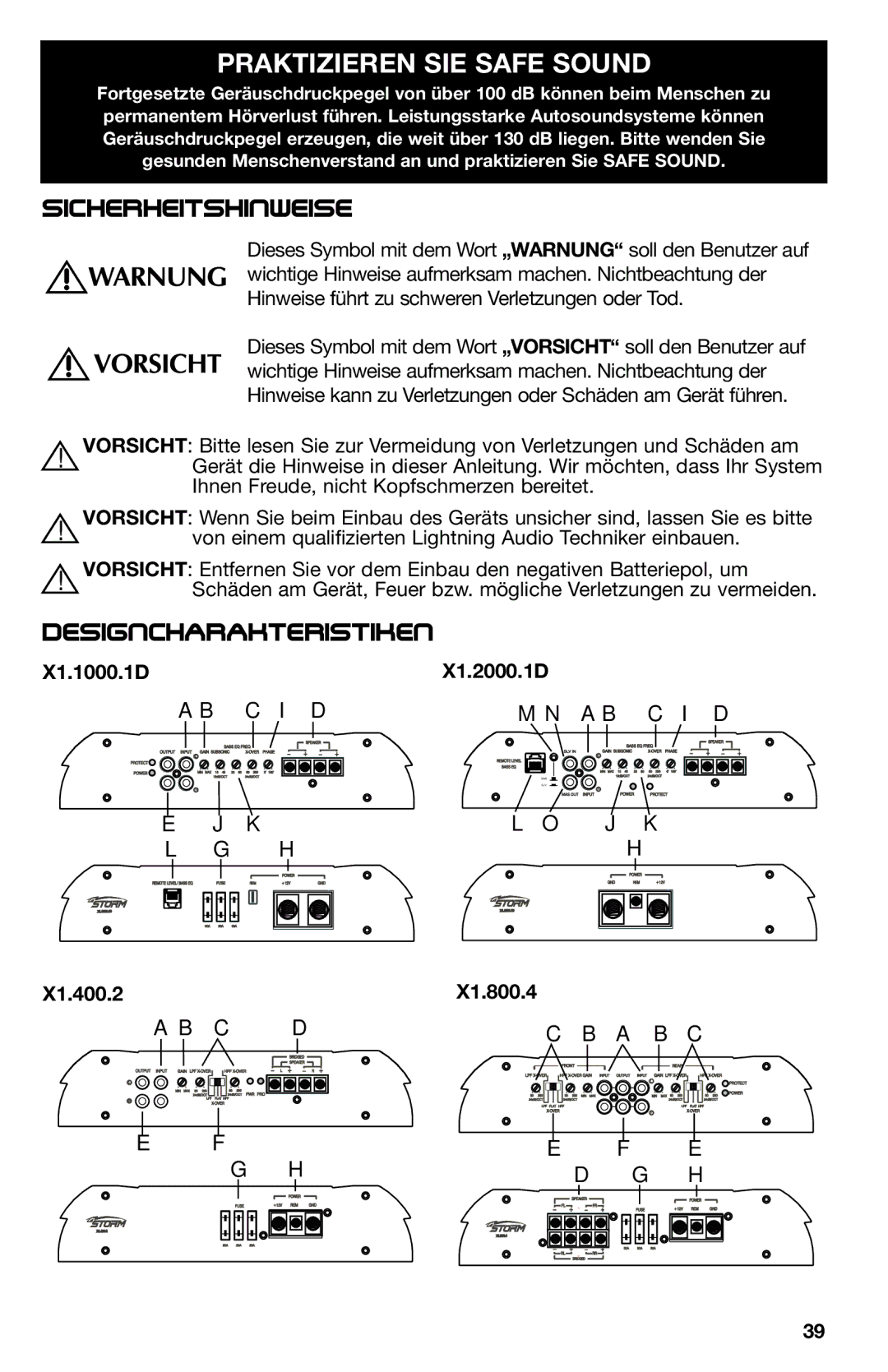 Lightning Audio X1.1000.1D, X1.800.4, X1.400.2, X1.2000.1D manual Sicherheitshinweise, Designcharakteristiken 