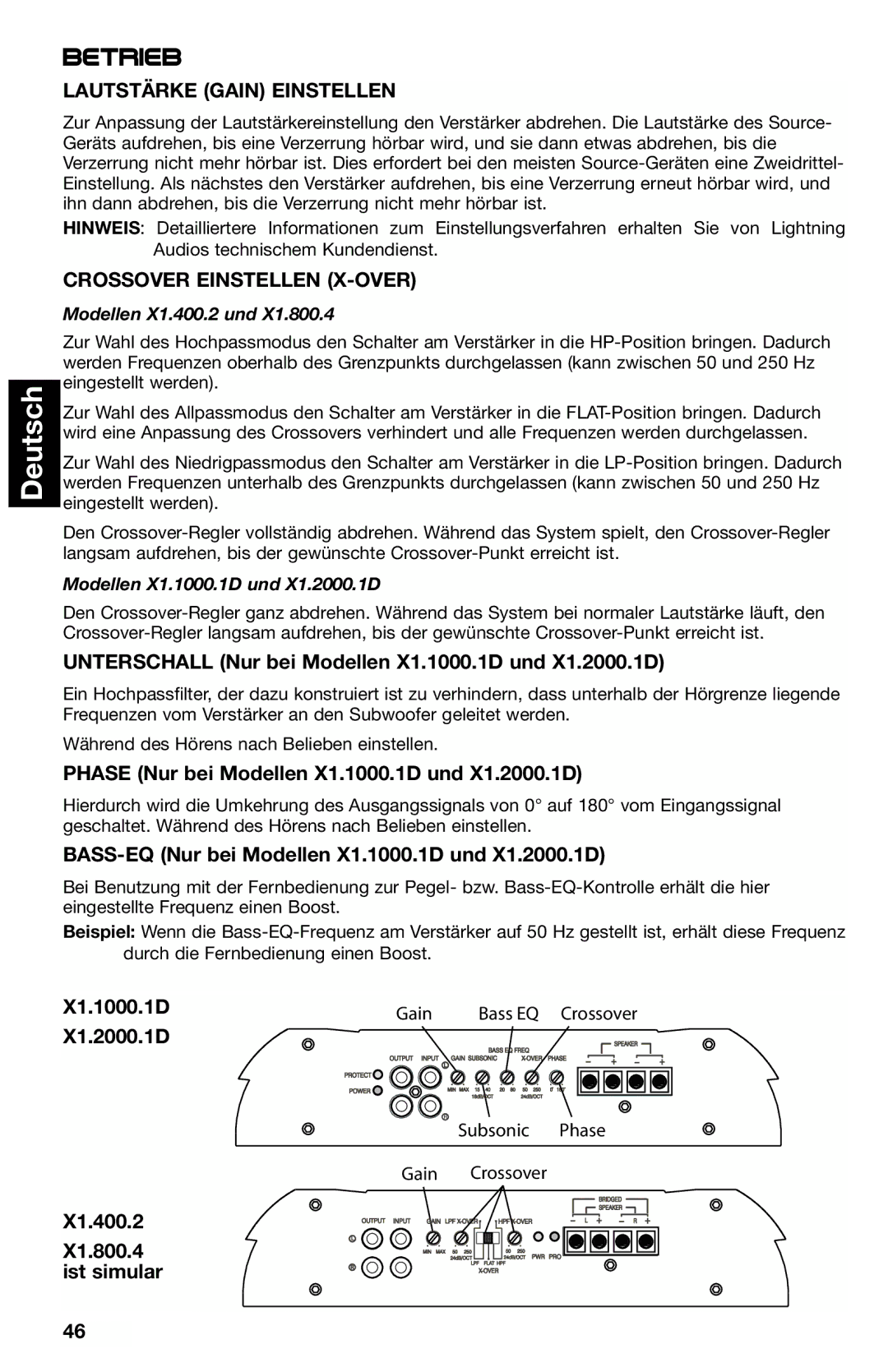 Lightning Audio X1.2000.1D, X1.800.4, X1.400.2, X1.1000.1D Betrieb, Lautstärke Gain Einstellen, Crossover Einstellen X-OVER 