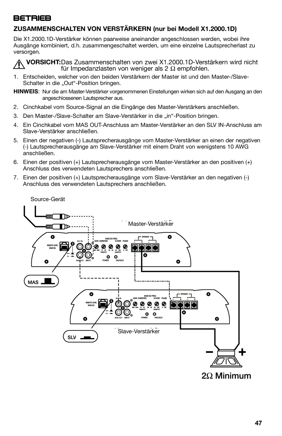 Lightning Audio X1.1000.1D, X1.800.4, X1.400.2 manual Zusammenschalten VON Verstärkern nur bei Modell X1.2000.1D 