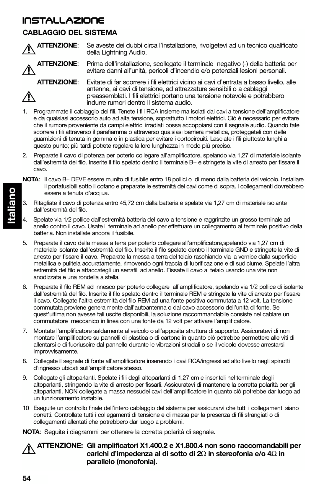 Lightning Audio X1.2000.1D, X1.800.4, X1.400.2, X1.1000.1D manual Cablaggio DEL Sistema, Attenzione 