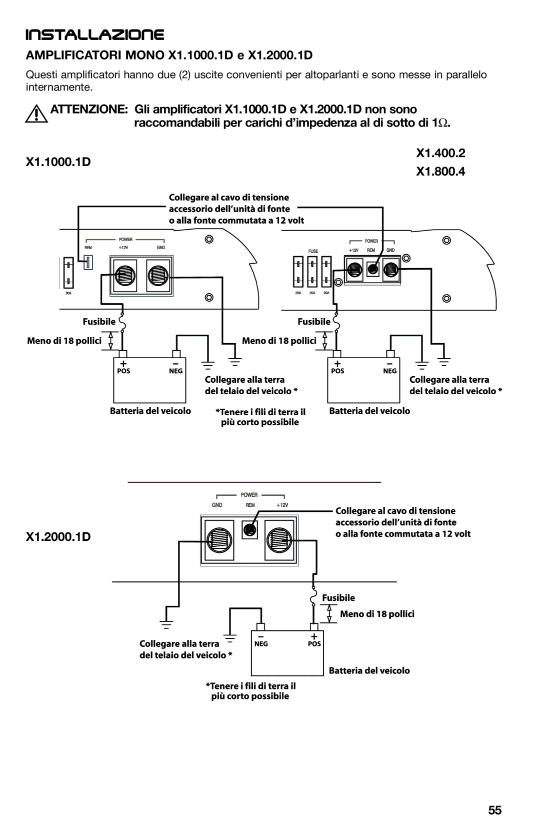 Lightning Audio manual Amplificatori Mono X1.1000.1D e X1.2000.1D, X1.400.2 X1.1000.1D X1.800.4 X1.2000.1D 