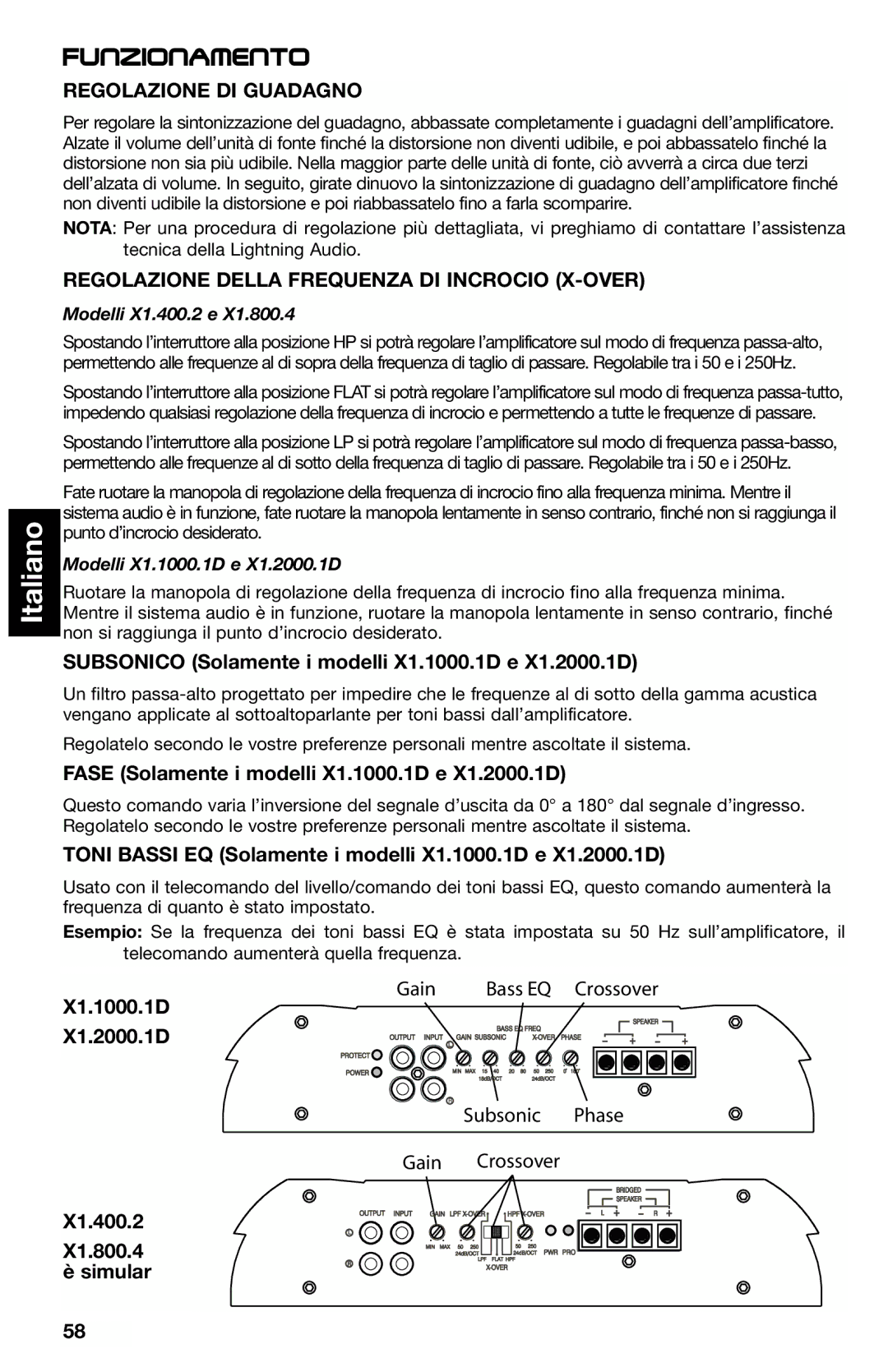 Lightning Audio X1.2000.1D manual Funzionamento, Regolazione DI Guadagno, Regolazione Della Frequenza DI Incrocio X-OVER 