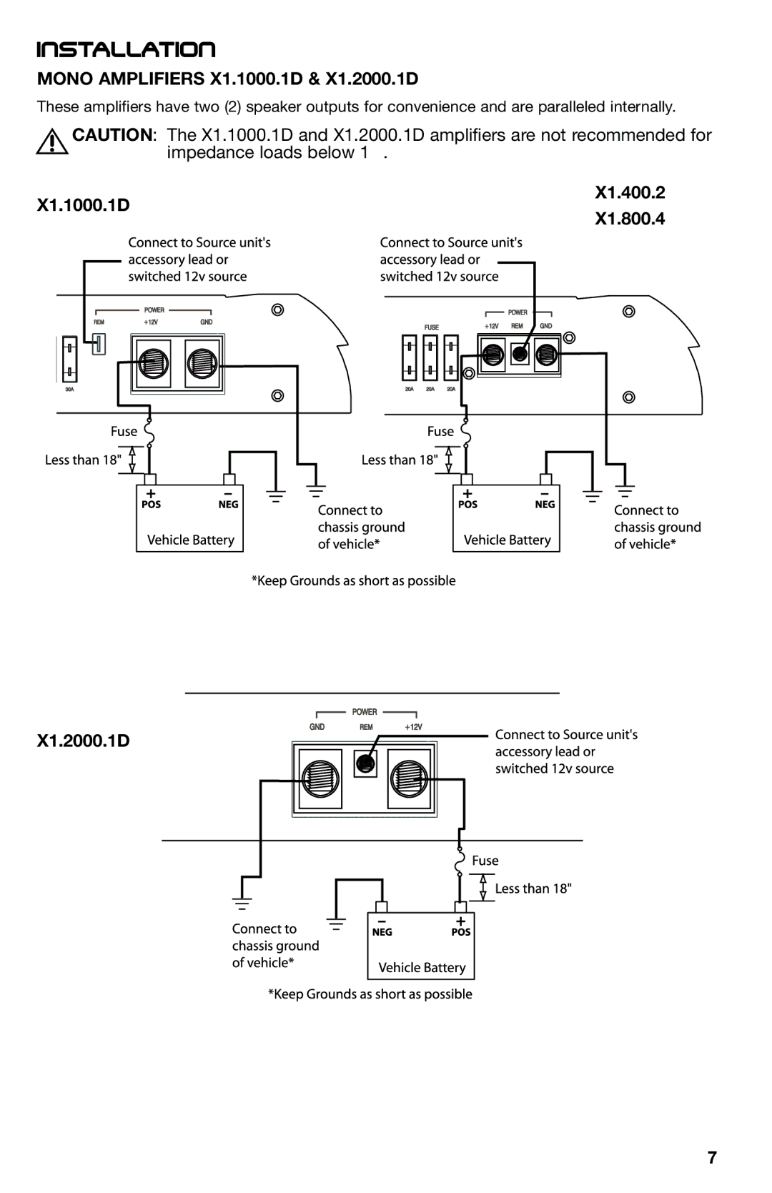 Lightning Audio X1.800.4, X1.400.2 manual Mono Amplifiers X1.1000.1D & X1.2000.1D 