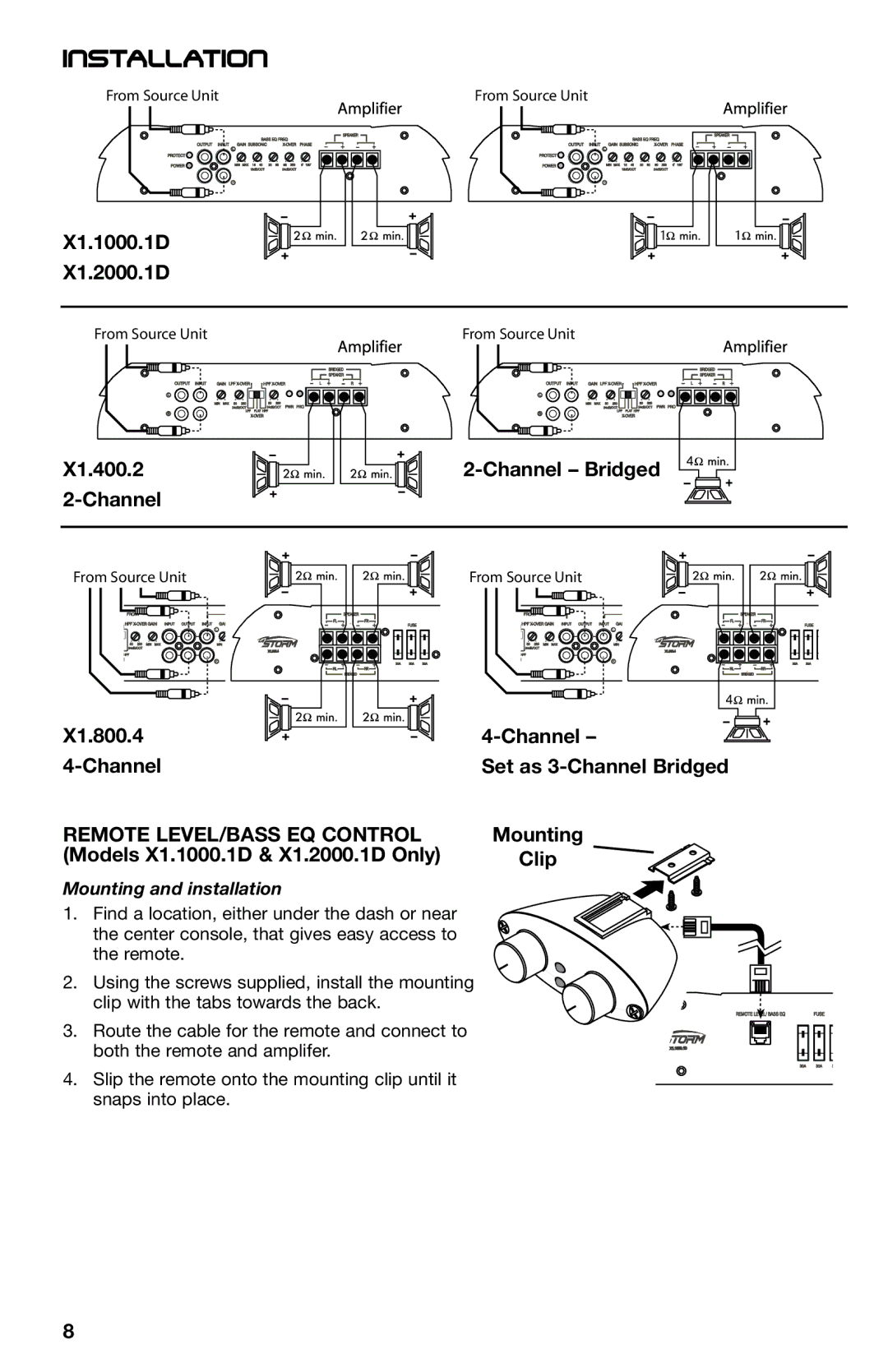 Lightning Audio X1.800.4, X1.2000.1D manual X1.400.2 Channel Channel Bridged, Channel Set as 3-Channel Bridged Mounting Clip 