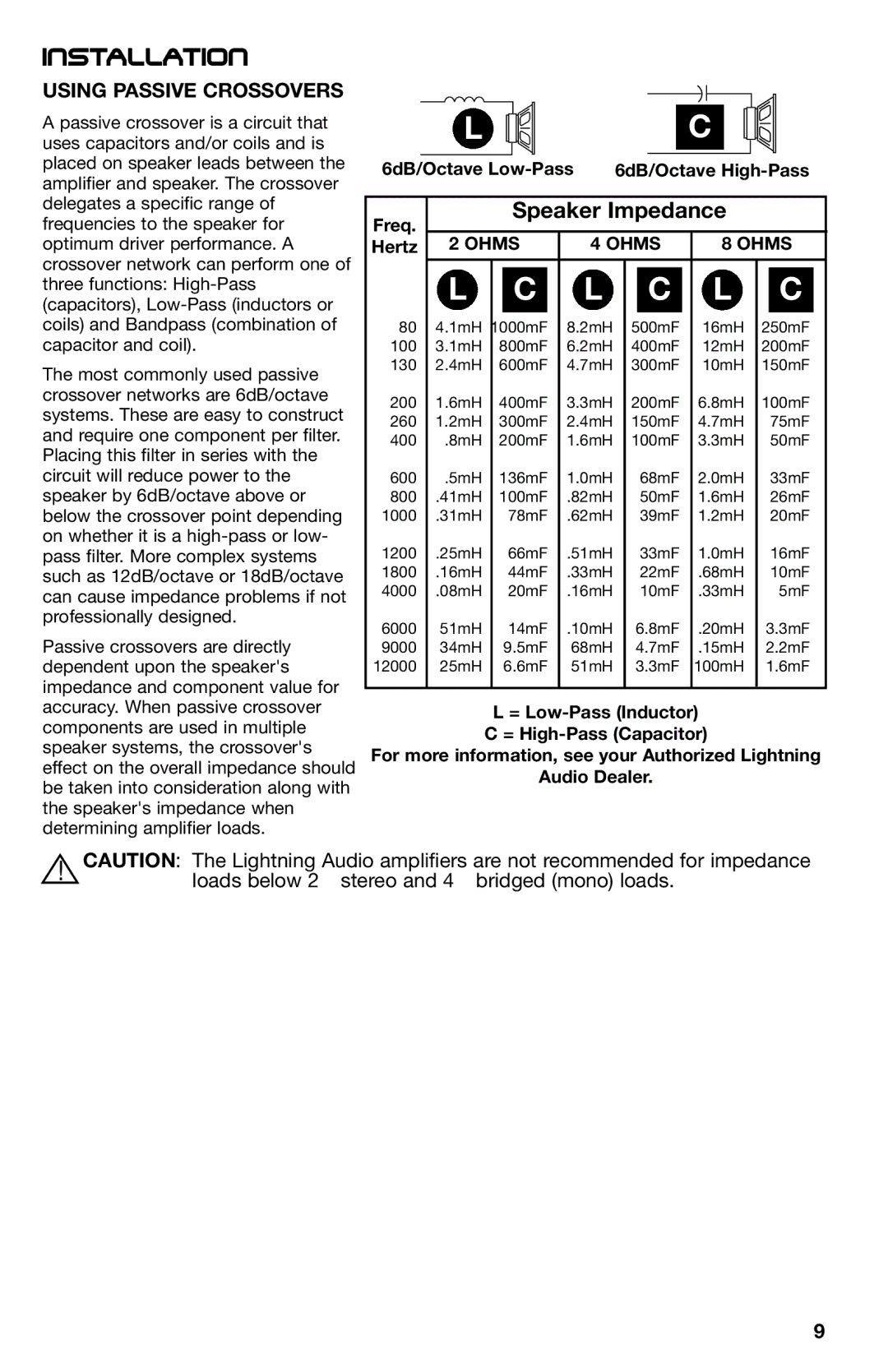 Lightning Audio X1.400.2, X1.800.4, X1.2000.1D, X1.1000.1D manual Speaker Impedance, Using Passive Crossovers 