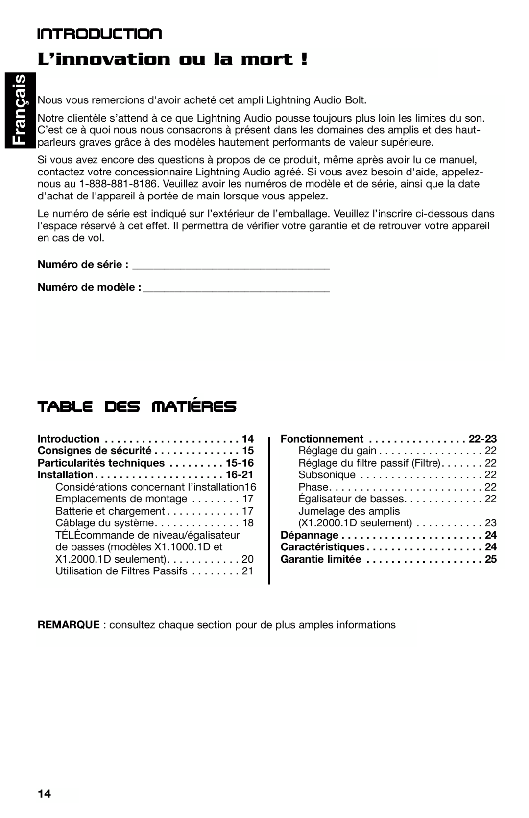 Lightning Audio X1.2000.1D, X1.800.4, X1.400.2 manual L’innovation ou la mort, Français, Table des matieres´, Introduction 