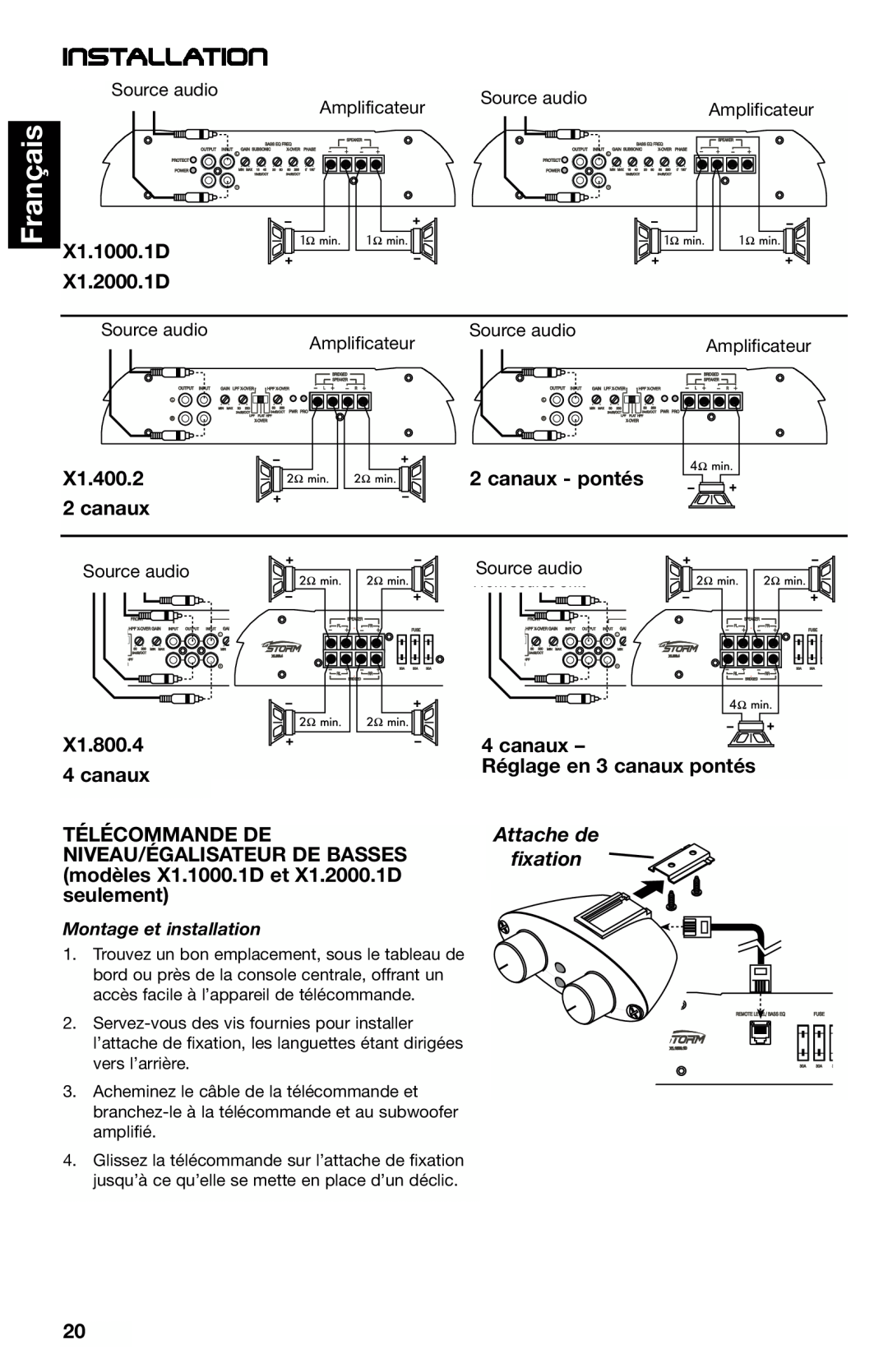 Lightning Audio X1.800.4 manual Français, Installation, X1.1000.1D X1.2000.1D, X1.400.2 2 canaux, canaux - pontés 