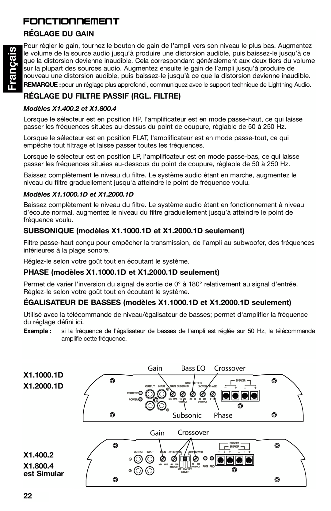 Lightning Audio X1.2000.1D, X1.800.4 manual Fonctionnement, Français, Réglage Du Gain, Réglage Du Filtre Passif Rgl. Filtre 