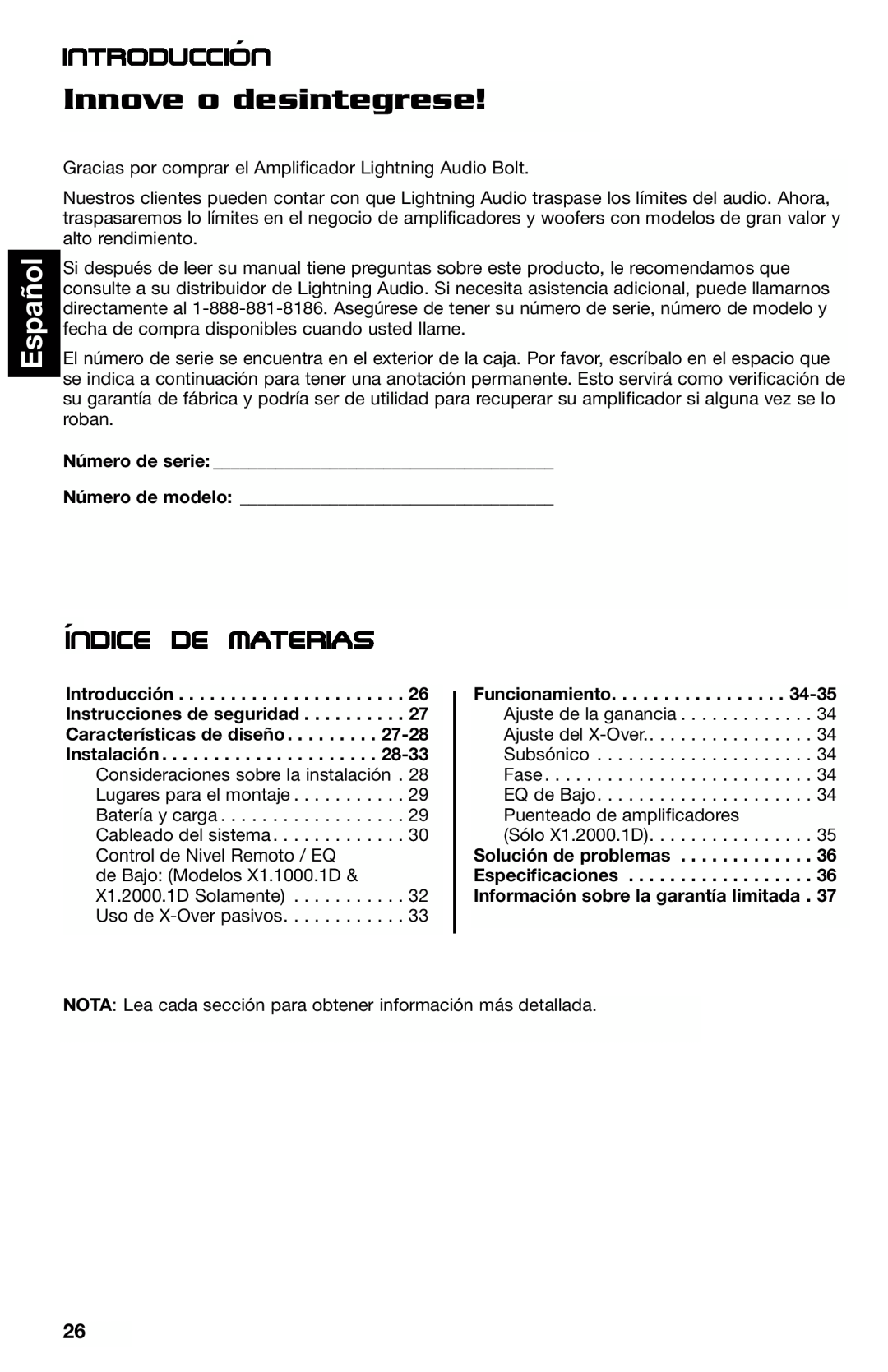 Lightning Audio X1.2000.1D, X1.800.4, X1.400.2 manual Innove o desintegrese, Español, Introduccion´, ´indice de materias 