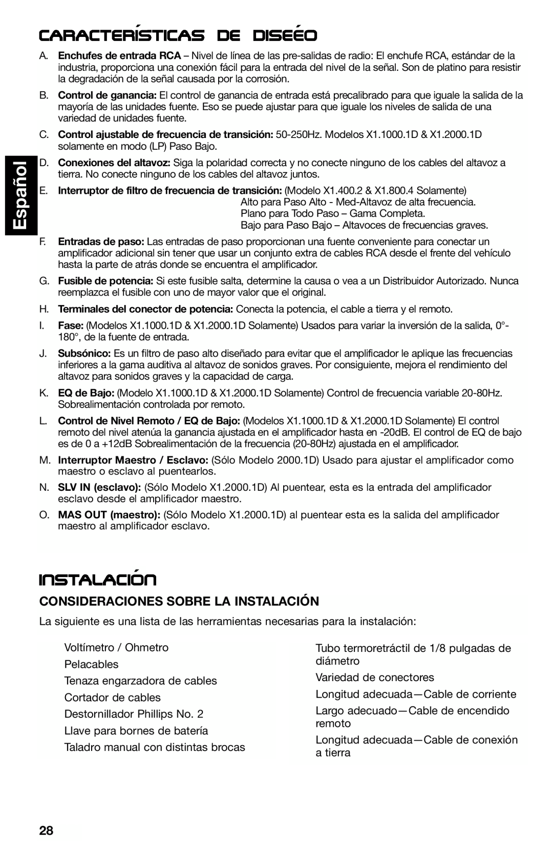 Lightning Audio X1.800.4 manual Instalacion´, Español, Caracteristicas´ de Diseeo´, Consideraciones Sobre La Instalación 