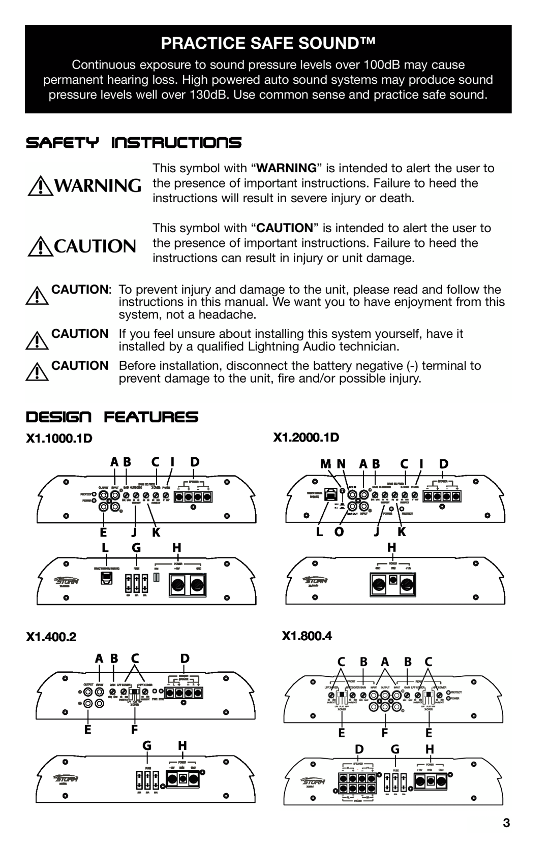 Lightning Audio X1.1000.1D manual Practice Safe Sound, Safety Instructions, Design Features, M N A B C I D, C B A B C 