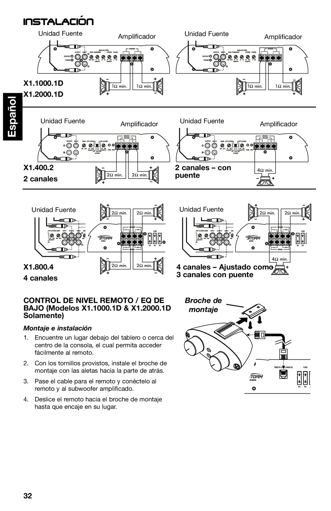 Lightning Audio X1.800.4 manual Español, Instalacion´, X1.1000.1D X1.2000.1D, X1.400.2 2 canales, canales – con, puente 