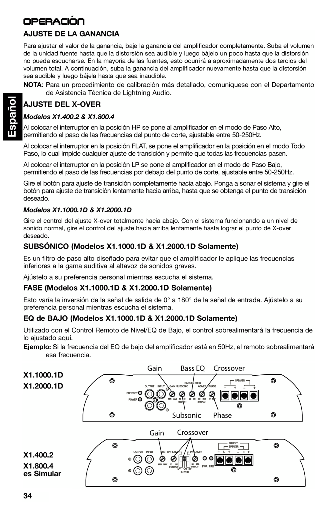 Lightning Audio Operacion´, Español, Ajuste De La Ganancia, Ajuste Del X-Over, X1.1000.1D X1.2000.1D, Modelos X1.400.2 