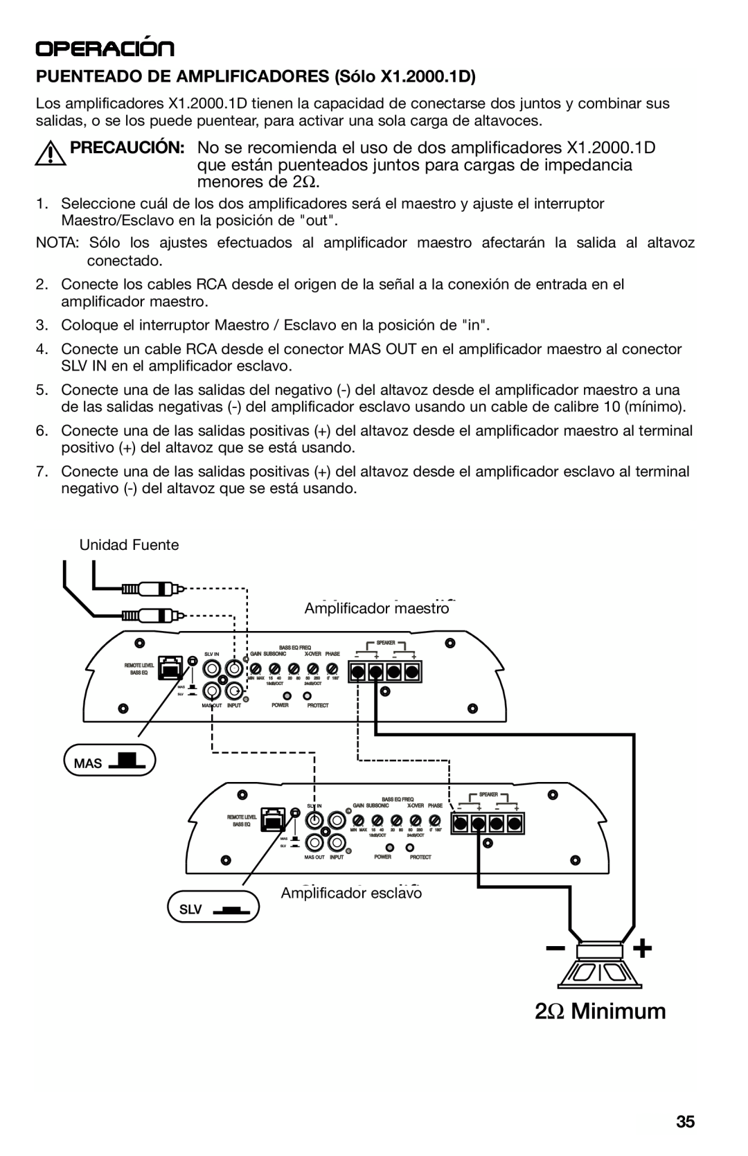 Lightning Audio X1.1000.1D, X1.800.4, X1.400.2 manual Operacion´, PUENTEADO DE AMPLIFICADORES Sólo X1.2000.1D 