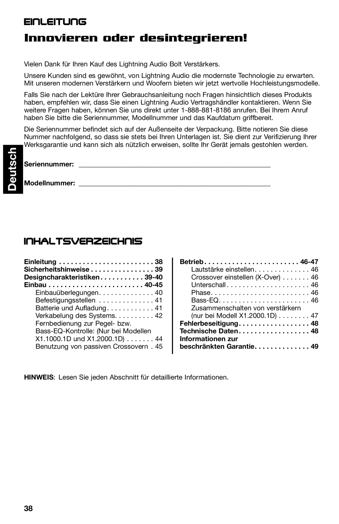 Lightning Audio X1.2000.1D, X1.800.4, X1.400.2 manual Innovieren oder desintegrieren, Deutsch, Einleitung, Inhaltsverzeichnis 