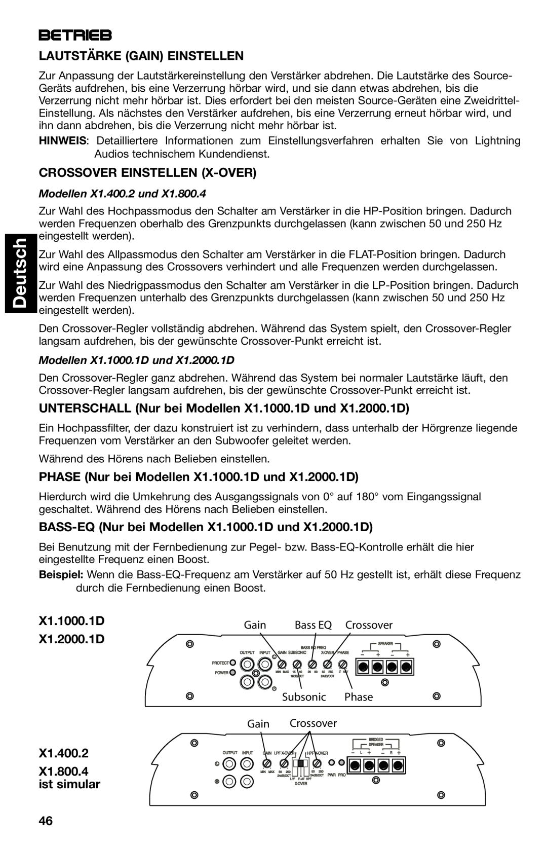 Lightning Audio X1.2000.1D, X1.800.4 Betrieb, Deutsch, Lautstärke Gain Einstellen, Crossover Einstellen X-Over, X1.1000.1D 