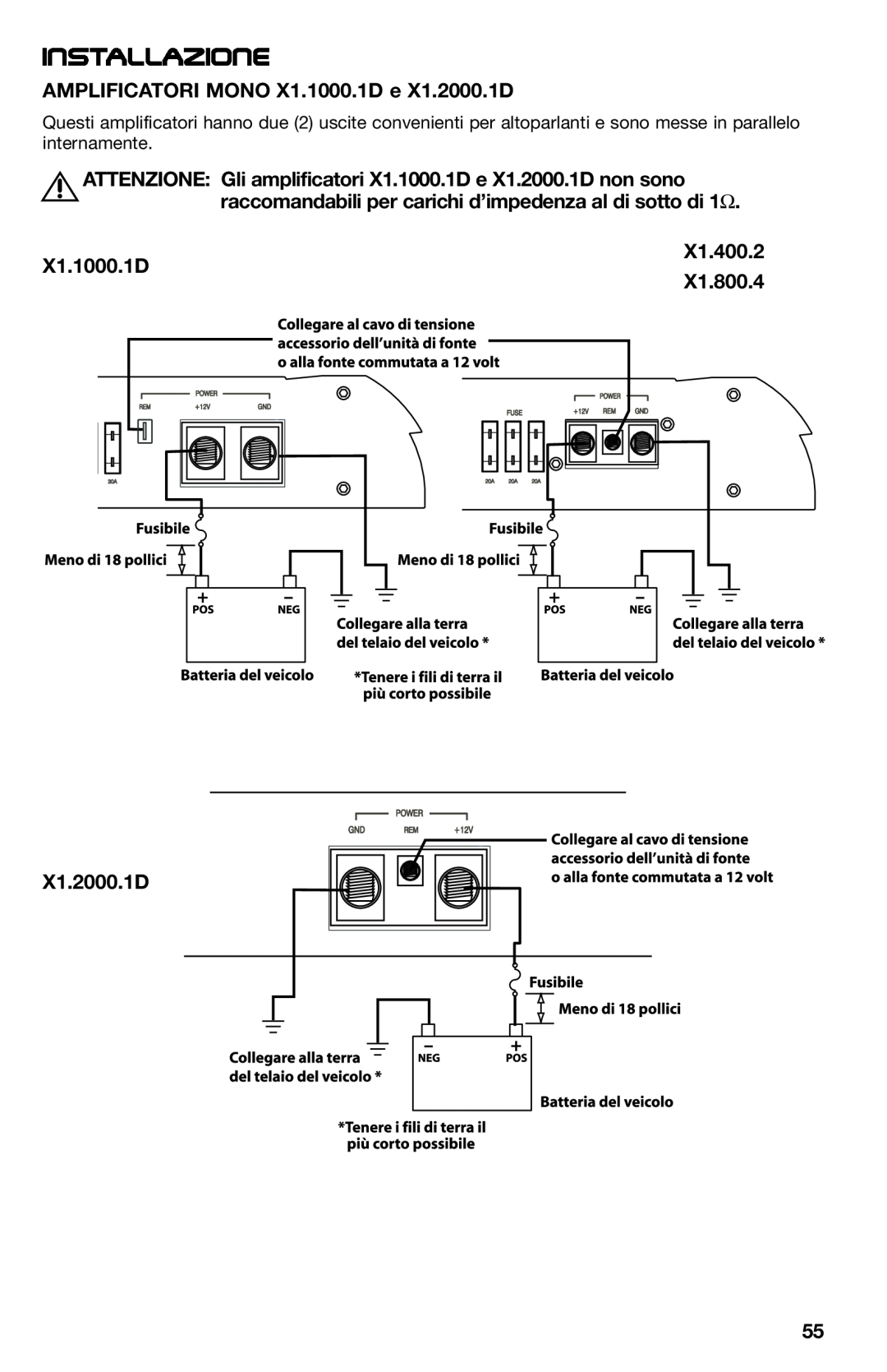 Lightning Audio Installazione, AMPLIFICATORI MONO X1.1000.1D e X1.2000.1D, X1.400.2 X1.1000.1D X1.800.4 X1.2000.1D 